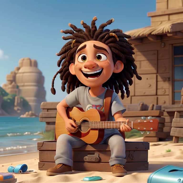 High Resolution, Dreadlocks, Laughing, Pixar, A singing man while playing guitar on the beach, acting like a Bob Marley, His hair was dreadlocks and neat, wearing a grey t-shirt with a roaring lion head, He sits on a box that says "EXODUS".