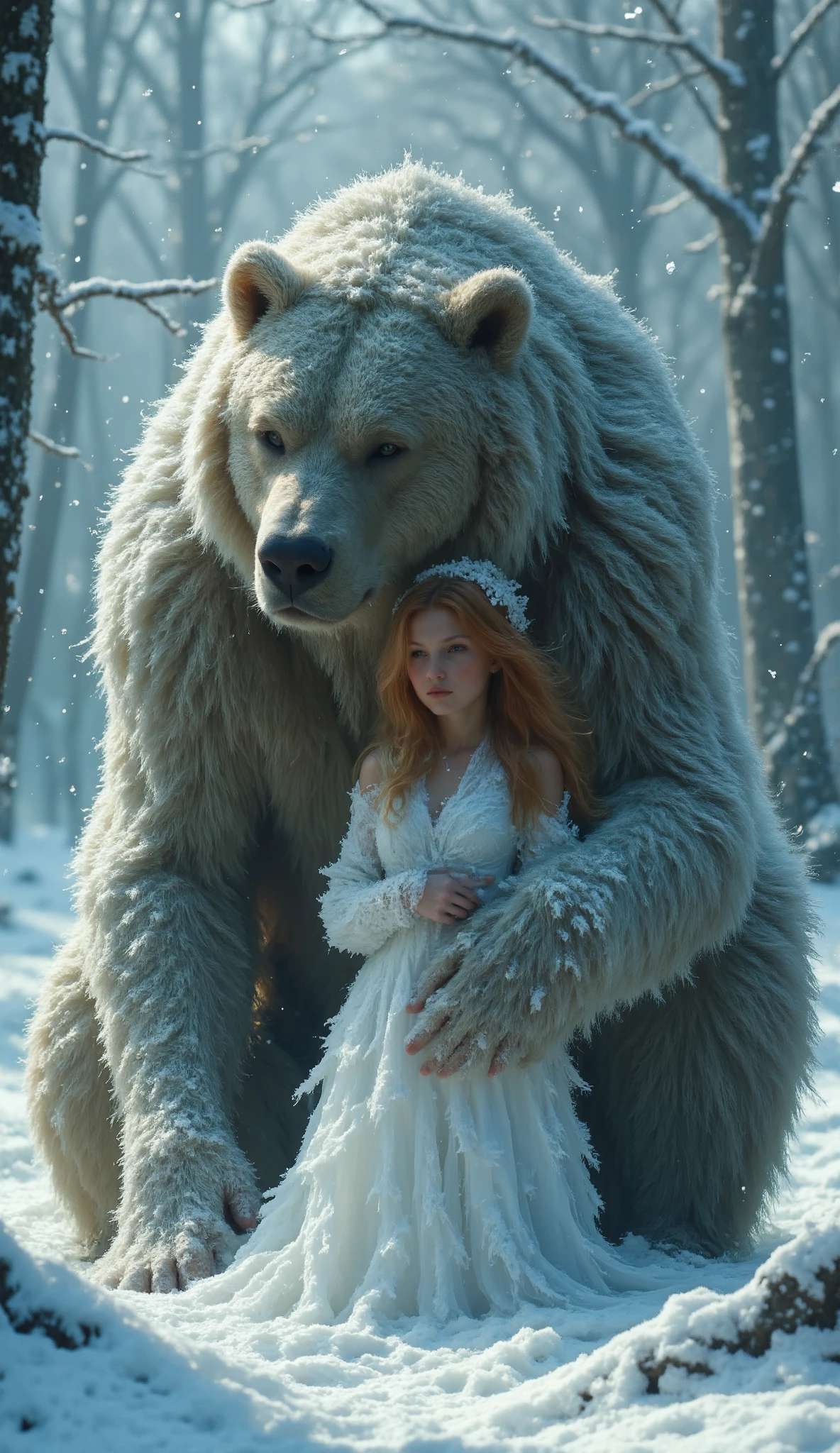 As dawn breaks over the frost-covered landscape, a serene redhead girl stands among trees adorned with rime ice. The soft blue light of early morning enhances the ethereal atmosphere. She is embraced by a giant, thick-bear, its enormous size creating a protective and magical presence. The bear's dense fur blends harmoniously with the intricate ice crystals. Snowflakes swirl around them, adding a whimsical touch to the scene. Her white outfit contrasts beautifully with the bear's fur, amplifying the serene and emotional connection between them.