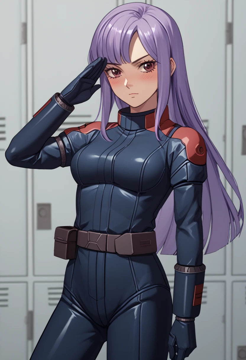 Z Gundam pilot suit, ( black pilot suit for piloting a machine:1.5) 、,score_9、 score_8_ up、 score_7_ up、 Destroys Top Quality 、 Refined details 、  Source Anime  、  1 girl、solo、Luluka 、 lavender-colored hair 、 princess cut、 long hair、 brown eyes、locker room,salute、serious、blush