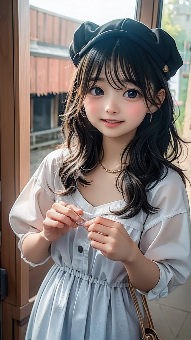 Ultra High Resolution, (Realistic: 1.4), RAW Photo, Best Quality, (Photorealistic), Focus, Soft Light, ((10 years old)), ((Japanese)), (Front, Young Face))), (Depth of Field), (One Piece), Masterpiece, (Photoreal), Woman, Bangs, (( off-the-shoulder top, 1 Girl))
