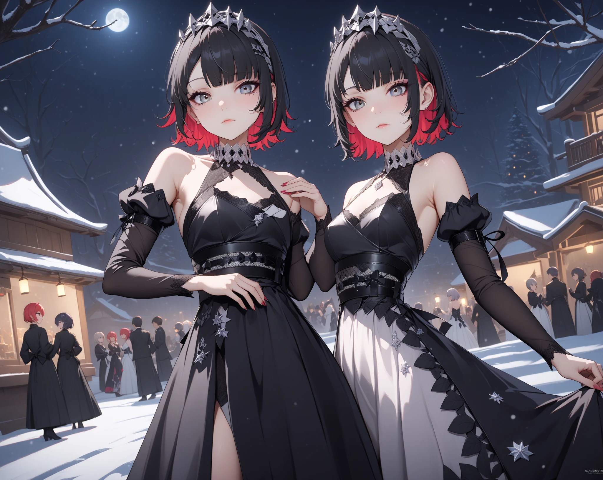 score_9, score_8_up, score_9_up, 1girl, source_anime, close up photo,  beautiful face, ellenjoe, night, passionless,  closed mouth, ellen joe, black hair, moonlight, japanese party, night winter,  party, fantasy party, fantasy night dress, night party, snow, sexy body, very small breasts,  colored inner hair, multicolored hair, grey eyes,  sadic, total black outfit, dancing alone, sadistic eyes, red hair,  short hair,  two-tone hair, shoulders covered, shoulders covered by the dress, not loooking at the viewer, winter long dress, dance long dress, gothic dress, winter dress, cozy dress, ghotic lolita dress, sideboobs, ghotic dress, lace black dress, winter dress, cozy dress, covered shoulders, black dance dress, dress for dancing, winter sleeves, glitter in the corset, shoulders covered by sleeves, long sleeves, long shirt, black corset with silver decorations, gala elegant dress, winter dress, elegant dress, long skirt dress, night, arms behind her back, lace collar, sexy body,  small breasts, two-tone hair,  beautiful eyes, beautiful legs, sexy legs, solo, fantasy world, night, beautiful eyes