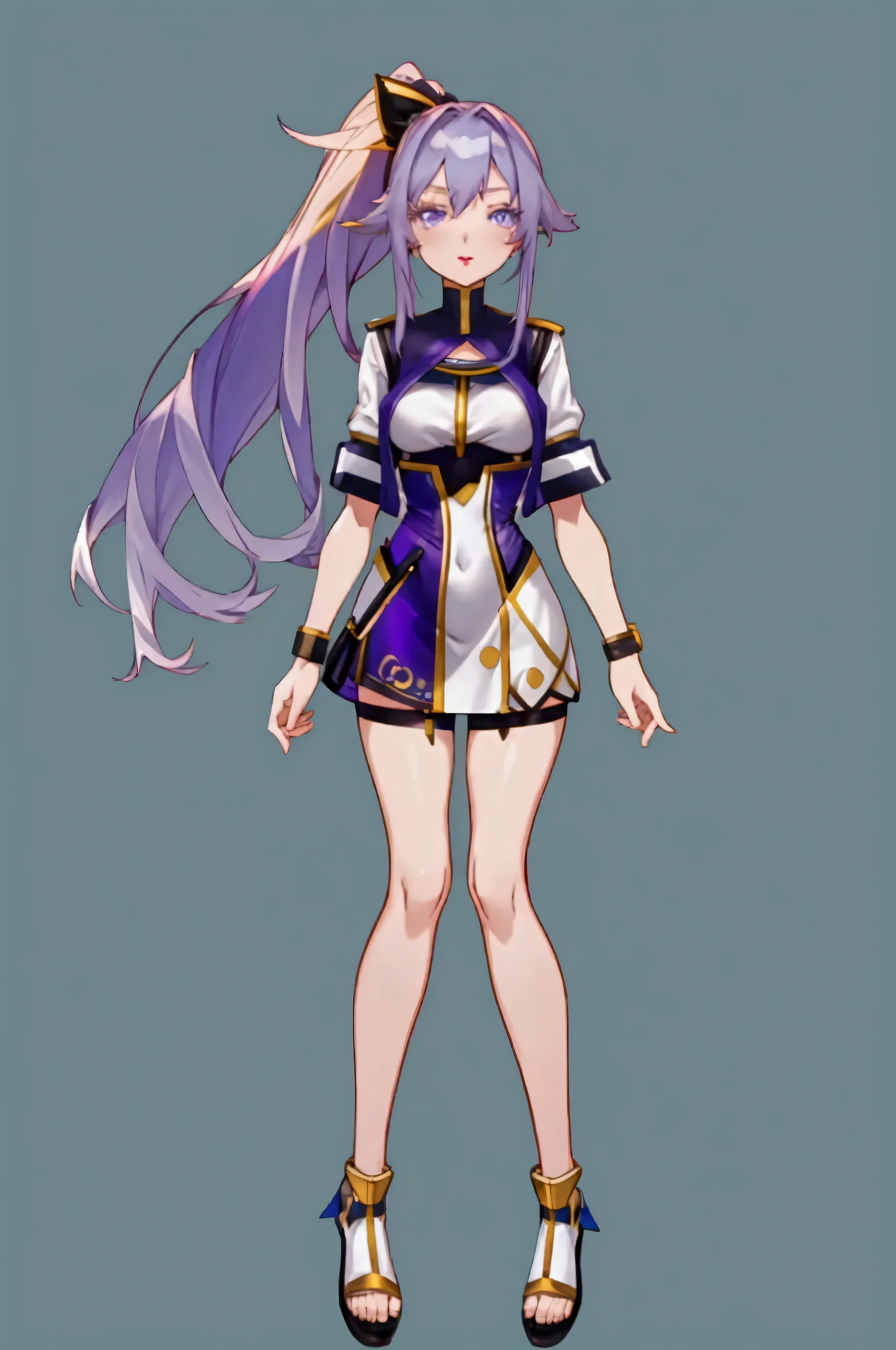 (full body), ((simple blue chroma background)), 22-year-old ponytail hair (straight hair), purple eyes, anime-long style 2000, short dress tight with golden detailing, breasts bigger than her head, flirty look, lipstick, 4k, hd, self-definition, good image quality and lined, (vtuber-fullbody),