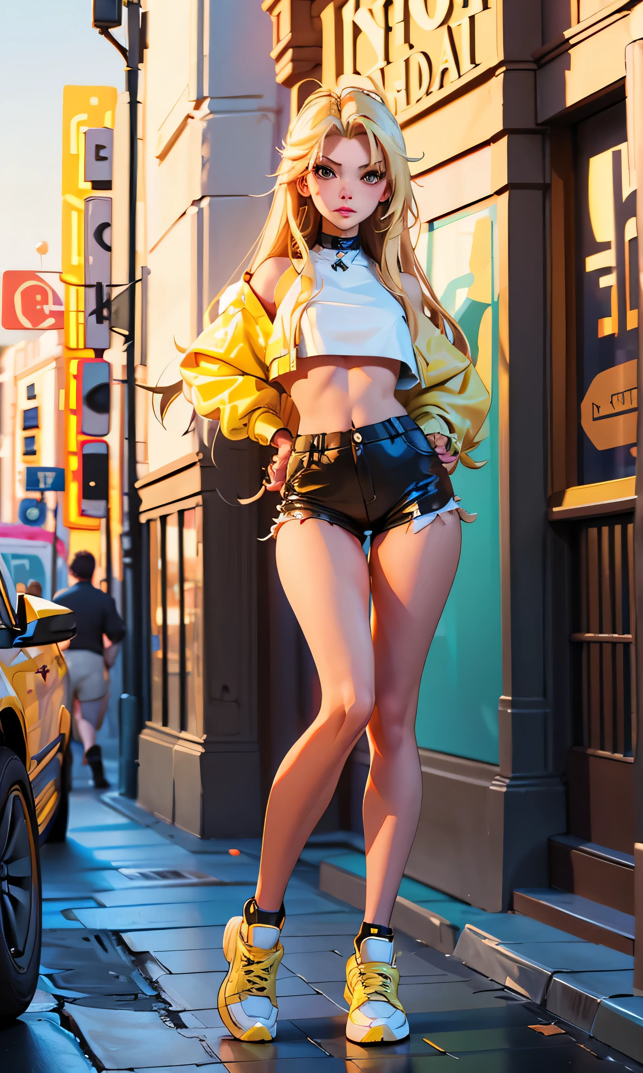 Masterpiece, 1 girl, beautiful, slim, head on, watching the spectator, long hair, blond hair, brown eyes, arched eyebrows, full body, pretty legs, flat abdomen, white top, yellow short, shoes, (((desnuda))), sexy pose, on the street, dark sky, Danger Zone,