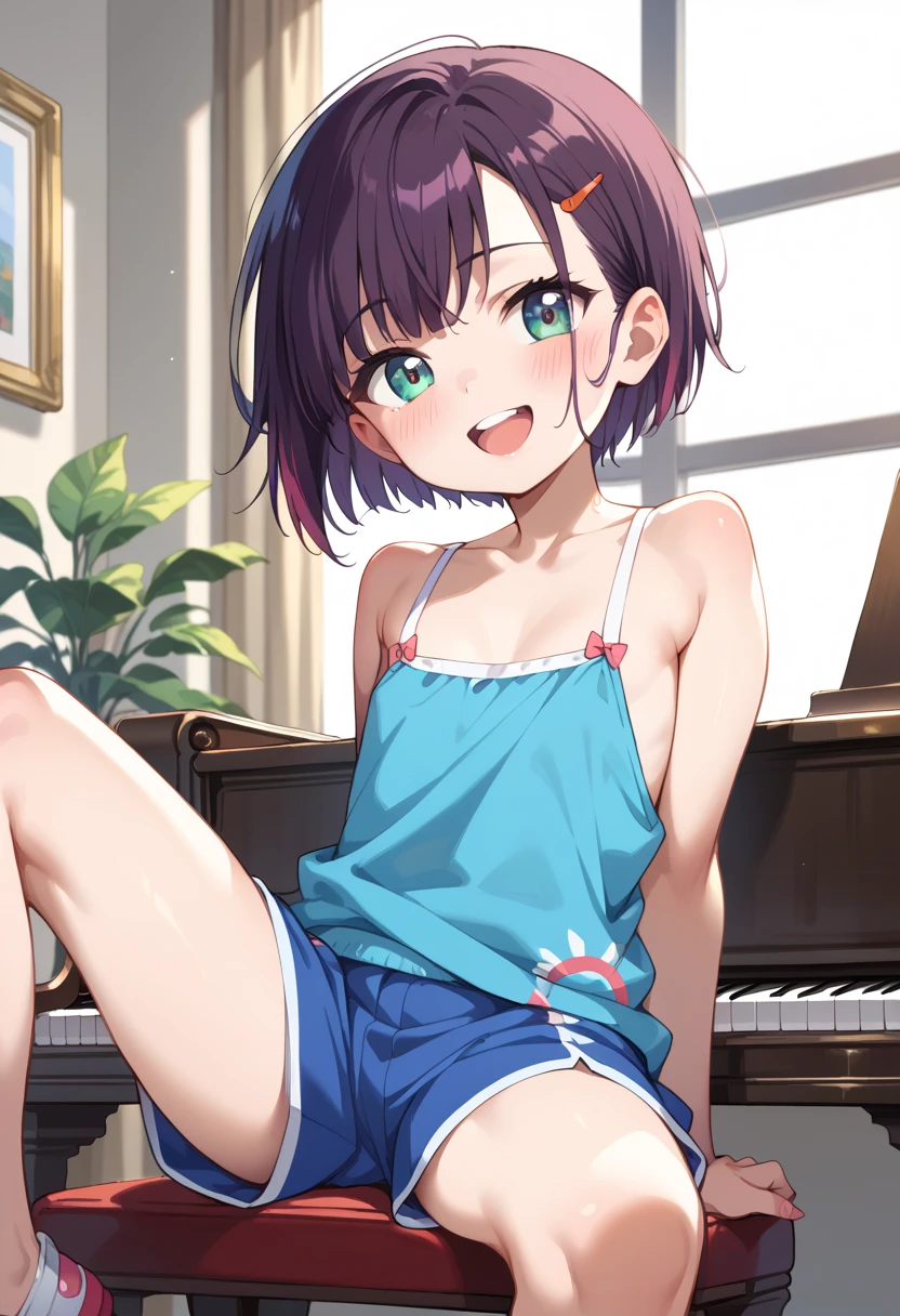 (( top quality )), ((masterpiece)), (be familiar with),  perfect face, indoor, bedroom,  watching viewers ,
One woman, Mikazuki Kan,
 open mouth,  ecstatic expression beside the piano, blush, smile,
 small ,  flat chest, Young girl, Lori,  ,  girl,
Short Hair,  short hair,
Leg spread,