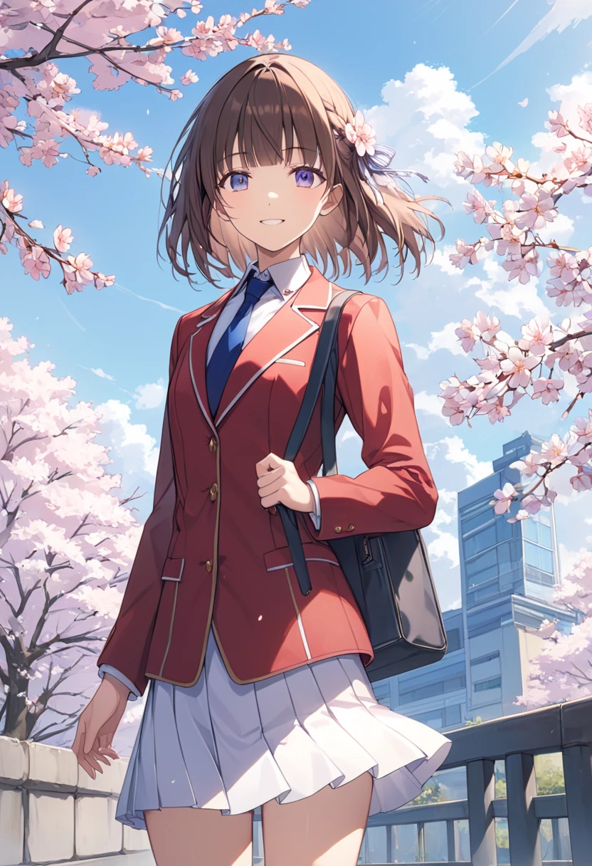 masterpiece,  top quality,  high definition , brown hair,  medium hair,  braided , blunt bangs,  blue tie,  red jacket,  blazer,  Long Sleeve , White Skirt,  pleated skirt ,   White Knee-High, smile, cherry blossoms,   outdoor,  standing ,  cowboy shot ,smile