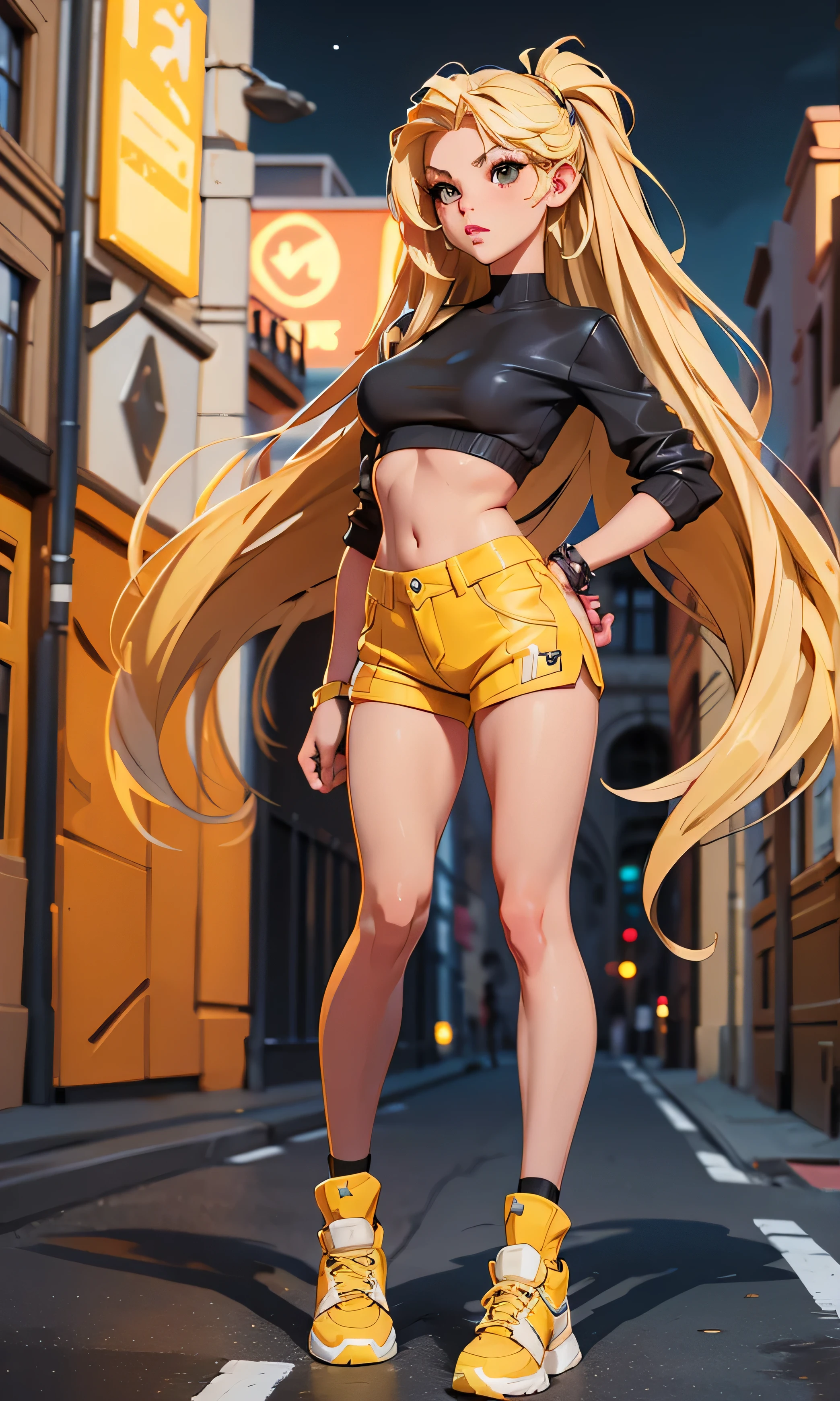 Masterpiece, 1 girl, beautiful, slim, head on, watching the spectator, long hair, blond hair, brown eyes, arched eyebrows, full body, pretty legs, flat abdomen, white top, yellow short, shoes, (((desnuda))), sexy pose, on the street, dark sky, Danger Zone,