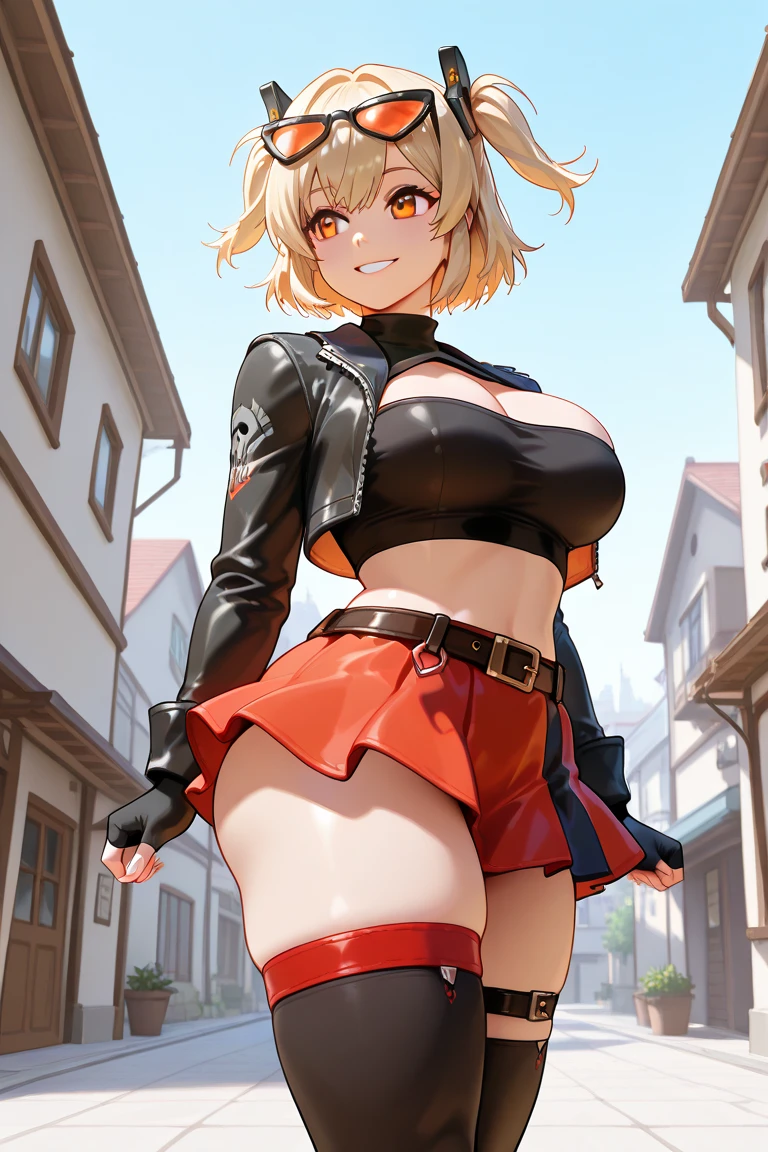 burnice, orange eyes, blonde hair, short hair, two side up, hair ornament, eyewear on head, black jacket, cropped jacket, long sleeves, fingerless gloves, black tube top, turtleneck, cleavage, midriff, belt, black skirt, black thighhighs, red thigh strap, 1 girl, looking toward the spectator, standing, smiling, modern, house, many windows, modern city, boobs, curvy ass