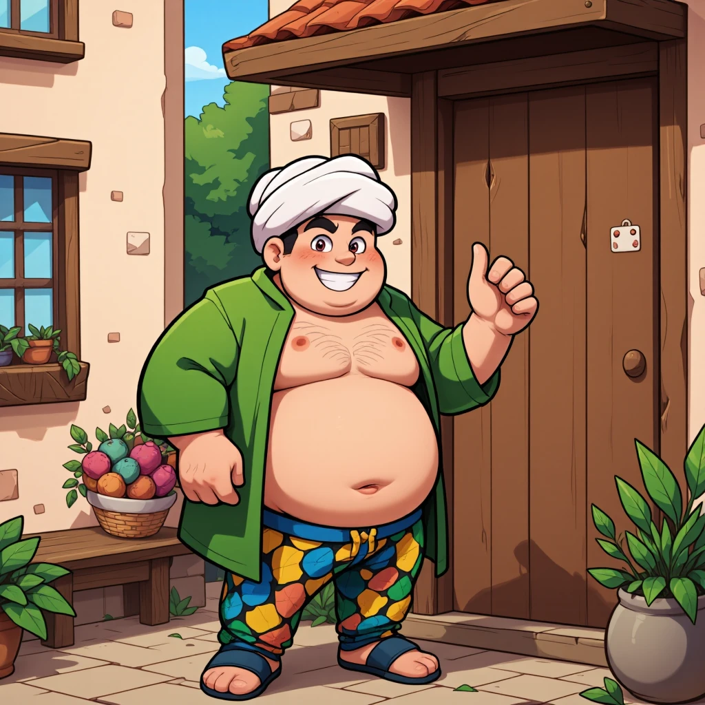 Introduce a cartoon character who looks like a friendly, chubby merchant in a green robe, white turban and colourful trousers, knocking on the door with his left hand
