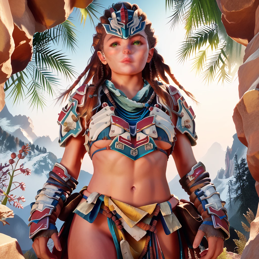 1woman, (Aloy:1.37), (Horizon Forbidden West Aloy:1.27),slim and toned, reddish brown hair, braids and hair ornaments, detailed green eyes, freckles, (small bust), (wearing string only micro bikini), (bikini armor:1.37), erect nipples, midriff, (thighs showing), ultra-detailed, beautifully detailed face, sharp green eyes, detailed lips, ((standing in dynamic combat poses)), (cowboy shot:1.32), (wide angle:1.28), high resolution, 8k, 16k, outdoor mountain landscape background, warm lighting, vibrant color palette, d3t41l3d