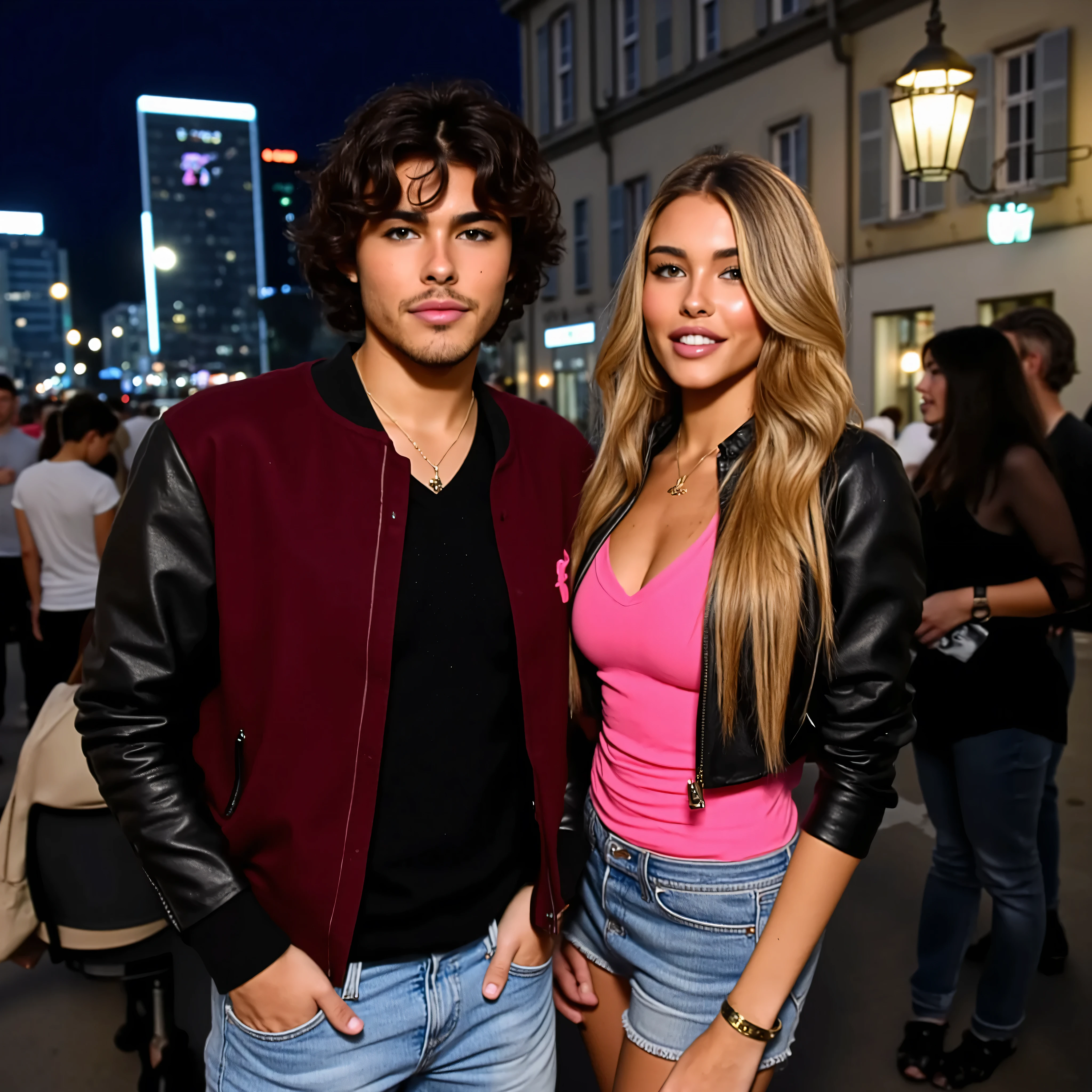 full body photo from the distance, 2 people photo shooting looking at viewer, laughing, friends having fun, being goofy, hot, 1 thin good looking rockstar American male 25 years old with medium length curled black hair with dark red wool college jacket and black leather sleeves, with black sweater and blue jeans, small pink plectrum necklace, gorgeous woman with long blonde hair, looking at viewer seductively smiling, Zurich at night background, tight pink latex crop top, black leather jacket, short jeans pants, high heels, sexual, jewelry, big gold hoop earrings, parted lips, midriff, pants, necklace, bracelet, lips, realistic, midriff peek, professional Photography, Photorealistic, detailed eyes, RAW, analog, sharp focus, 8k, HD, DSLR, high quality, Fujifilm XT3, film grain, award winning, masterpiece,