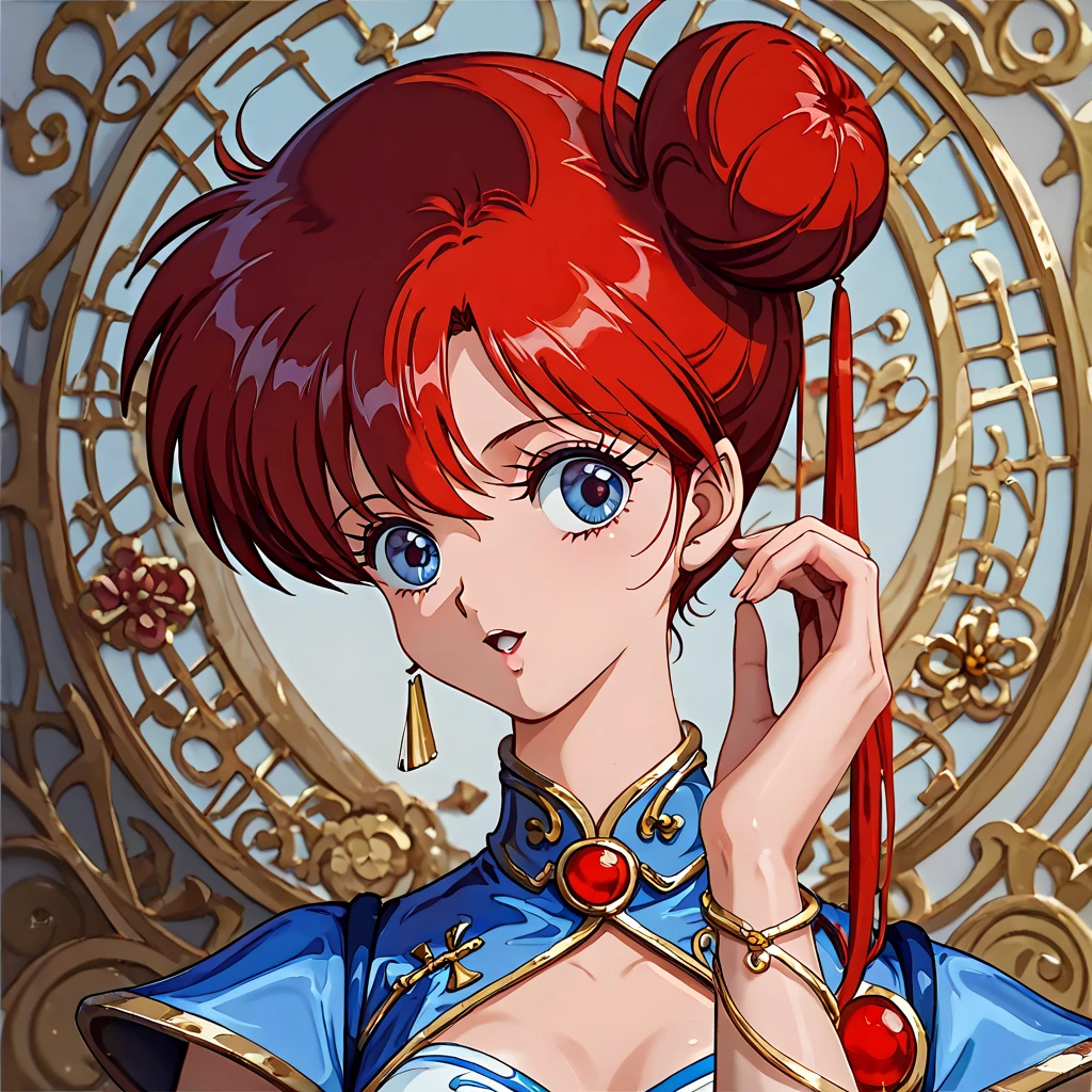 (( top quality )), ((masterpiece)), ( Details), （ perfect face）、The red-haired Yoko Asagiri, who is happily holding her little Chinese daughter, is wearing a gorgeous and sexy Chinese red Chinese dress with gold embroidery and edging