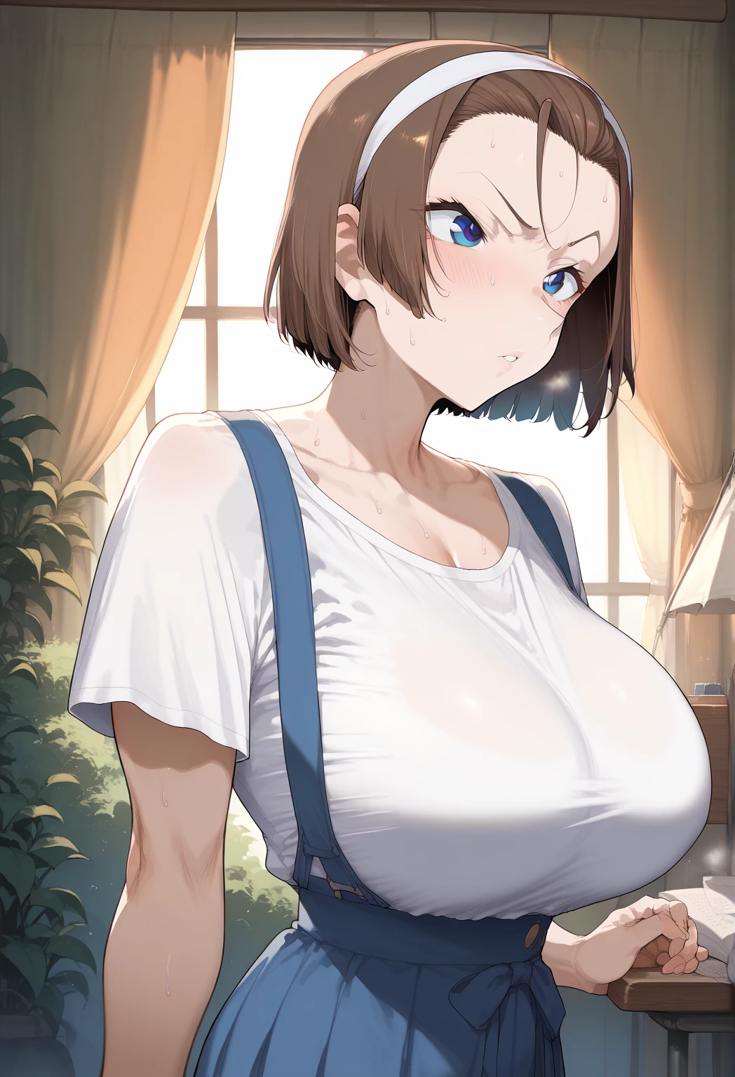  Surrender,   Suzuki Yuko  ,   short hair, Brown Hair,   headband ,Forehead is fully visible、   blue eyes,   perfect face,   perfect lighting,  , ,huge breasts, sweat,、 、Boob Tent、  dark bedroom 、white shirt dress