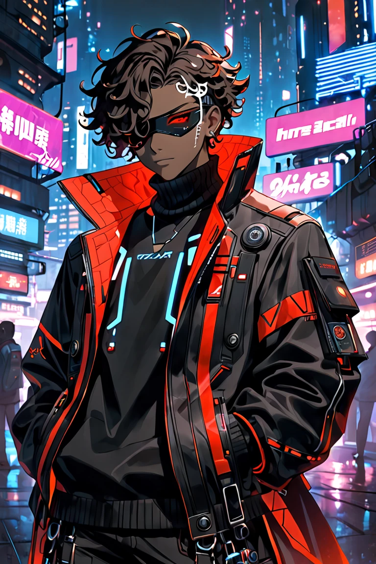 Anime-style male character with a cyberpunk aesthetic, standing confidently facing forward. The character has a slim build, dark brown skin, and two-toned curly hair: the left side is completely white, and the right side is completely black. His messy, medium-length curls fall naturally, framing his face. He wears a sleek black blindfold over his eyes and displays a subtle, confident smile. His outfit is futuristic and cyberpunk-inspired, featuring a stylish black and red high-collar jacket with glowing neon red accents, layered with a modern black turtleneck. The jacket has tech-inspired details such as metallic trims, digital panels, and glowing circuitry. The character’s posture is relaxed yet commanding, with his hands in his pockets or slightly to the side. The background features a vibrant, atmospheric scene typical of cyberpunk settings, including glowing neon lights, futuristic cityscapes, and a mix of warm and cool lighting tones, creating a moody and dynamic effect.