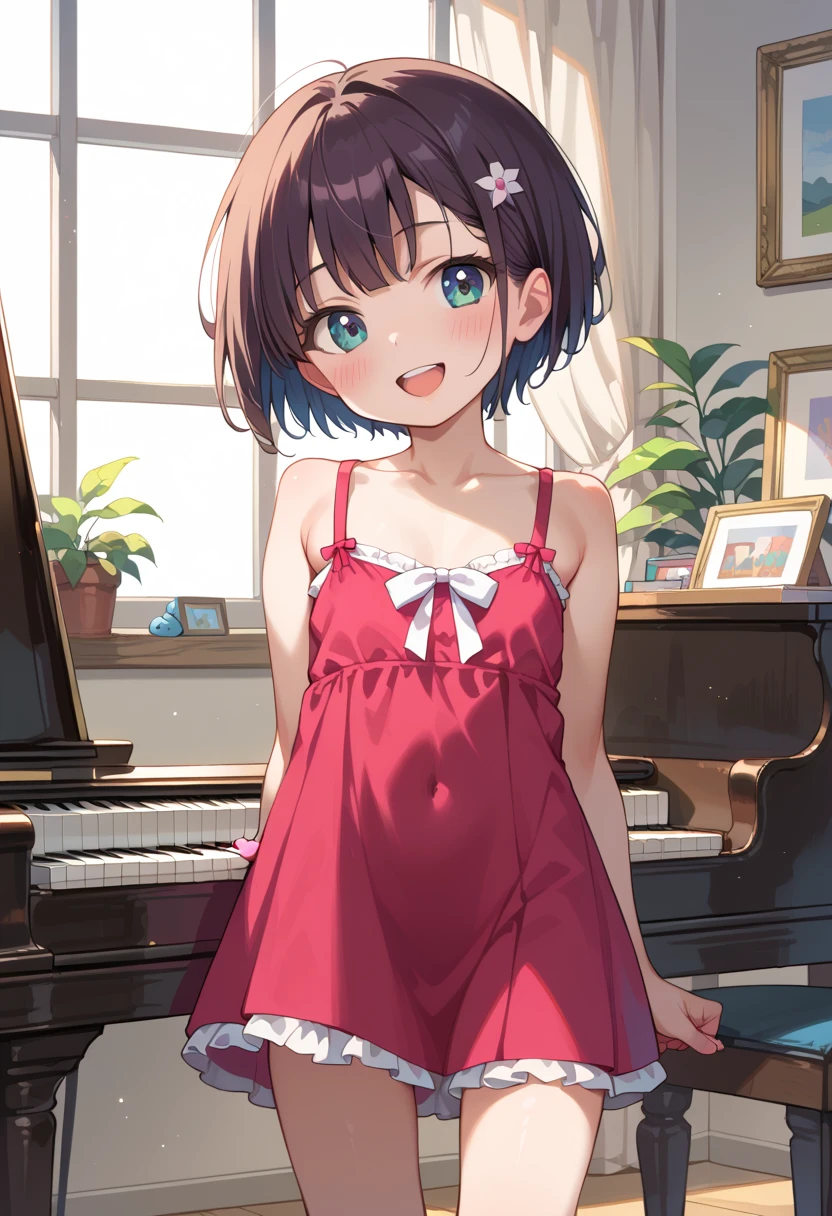 (( top quality )), ((masterpiece)), (be familiar with),  perfect face, indoor, bedroom,  watching viewers ,
One woman, Mikazuki Kan,
 open mouth,  ecstatic expression beside the piano, blush, smile,
 small ,  flat chest, Young girl, Lori,  ,  girl,
Short Hair,  short hair,
Leg spread,