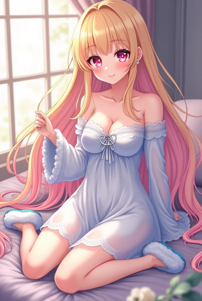 High quality, masutepiece, Ultra-detailed, White stockings, Pink lingerie, Pink Panties, Choker, headless, 1girl in, Solo, peaceful expression, Long Blonde Hair, captivating blue eyes, Fox ears, Big breasts, Bedroom、perfect hand、perfect leg、Perfect five-finger