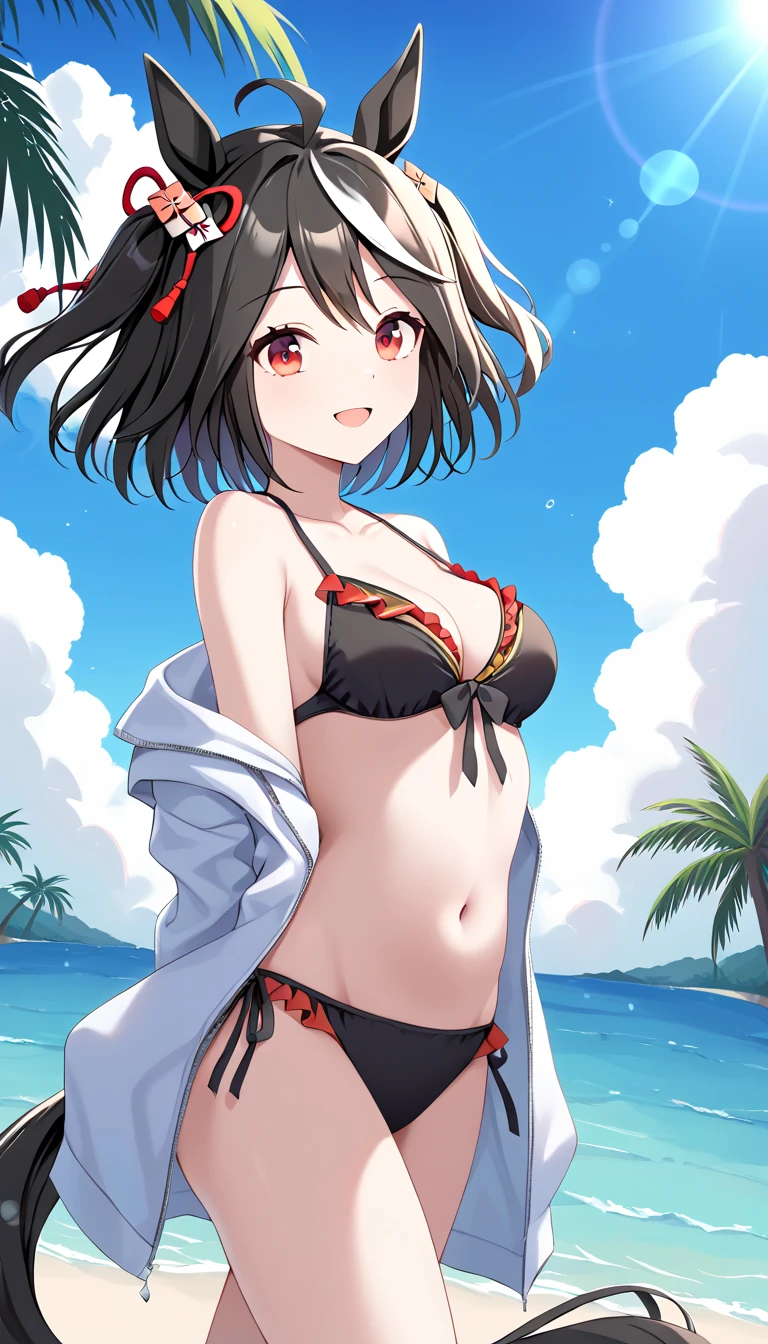 Solo ,kitasan black \(umamusume\) ,black hair,red eye, animal ears, short hair, streaked hair, hair ornament, horse tail, shimenawa,medium breasts 0.8,  ,long hair,purple eye,horse ear,horse tail, small breasts ,tropical trees, summer beach, blue sky, oasis, lens effect, cloud, comfortable,smile,jacket, looking up,frill Bikini