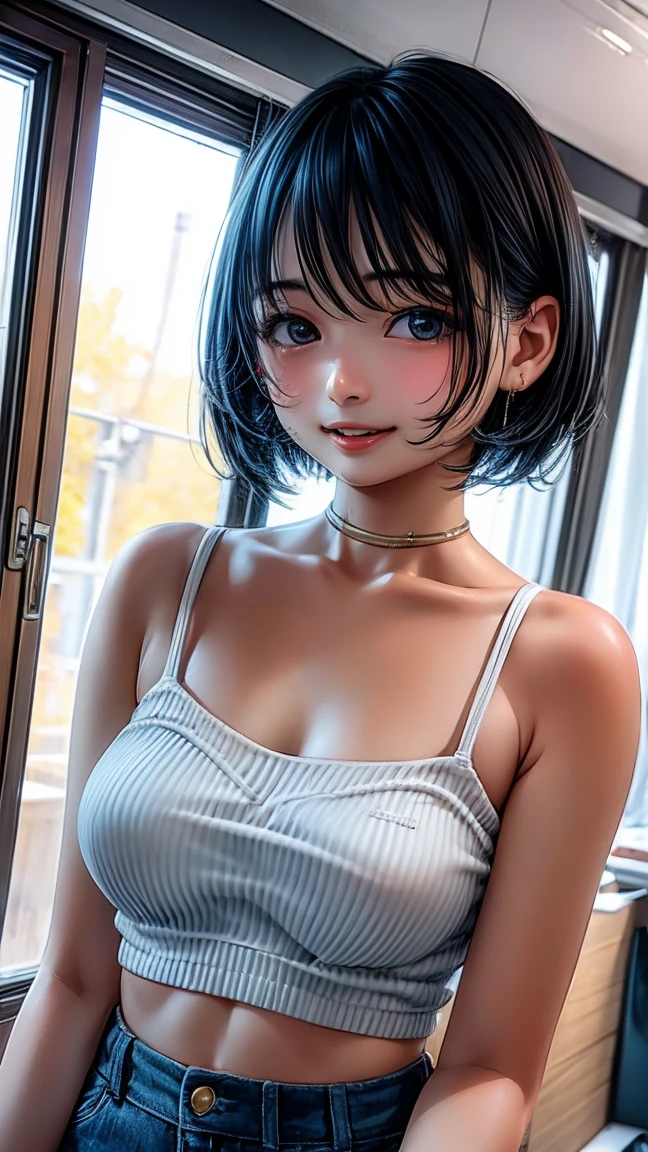 Ryuko Matoi, detailed masterpiece, realistic, dressed in cyber maid, seductive modern dark city, seductive, stylish girl, glamorous, detailed navel piercing, high res, good lighting, choker