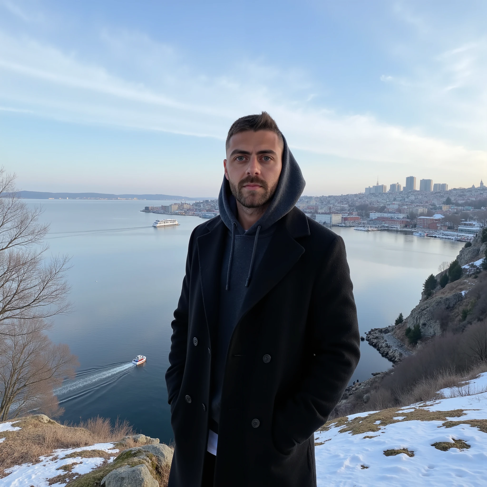 A young man have a light skin tone, a neatly trimmed beard and mustache, with short, dark hair styled short on the sides and longer on top. and a subtle, natural smile that suggests he is enjoying the moment, stands on a rugged cliff overlooking a tranquil bay in Stockholm, Sweden. The scene captures a crisp winter morning with icy blue skies streaked by soft, wispy clouds. The man wears a long black coat with neatly buttoned lapels and white sneakers. His vintage grey hoodie on his head is a deep grey colour, with a soft and casual fabric that appears cosy and well-fitted. The hood is pulled up over his head, framing his face gently and slightly overlapping the lapels of his long black coat. The distant cityscape across the bay glimmers with sunlight, showcasing a harmonious mix of modern towers and classic Nordic architecture. A solitary boat glides smoothly across the water, leaving a delicate wake. Bare, leafless trees and patches of moss on the rocky outcrop add an organic texture, enhancing the serene, introspective mood of the moment. (masterpiece), (best quality), (ultra-detailed background), detailed face, perfect composition, intricate details