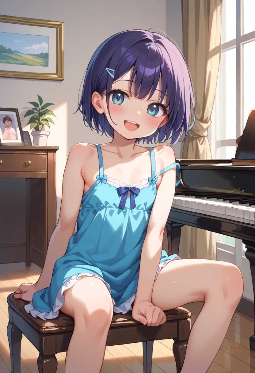 (( top quality )), ((masterpiece)), (be familiar with),  perfect face, indoor, bedroom,  watching viewers ,
One woman, Mikazuki Kan,
 open mouth,  ecstatic expression beside the piano, blush, smile,
 small ,  flat chest, Young girl, Lori,  kids,  girl,
Short Hair,  short hair,
Leg spread,