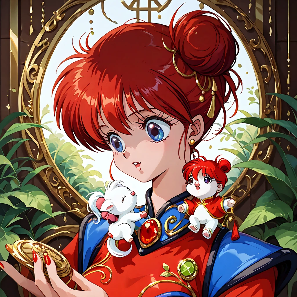 (( top quality )), ((masterpiece)), ( Details), （ perfect face）、The red-haired Yoko Asagiri, who is holding a great Chinese baby, is wearing a gorgeous and sexy Chinese red Chinese dress with gold embroidery and edging