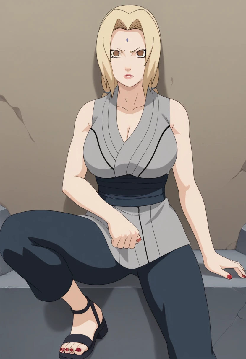 score_9, score_8_ up, score_7_ up,
ツ,  1 girl, Tsunade  (Naruto), ( watching viewers ), Blonde,  Roth Tails, Mark on the forehead,  brown eyes,  Big Breasts , Grey kimono,  sleeveless kimono,  blue pants ,  Sandals,  clevis on a stone, Red nails, 
 Is chest  ,  crooked one leg , 
Serious, Open lips, under your bust , Clenched hands, 
 simple background,  perfect lighting,
