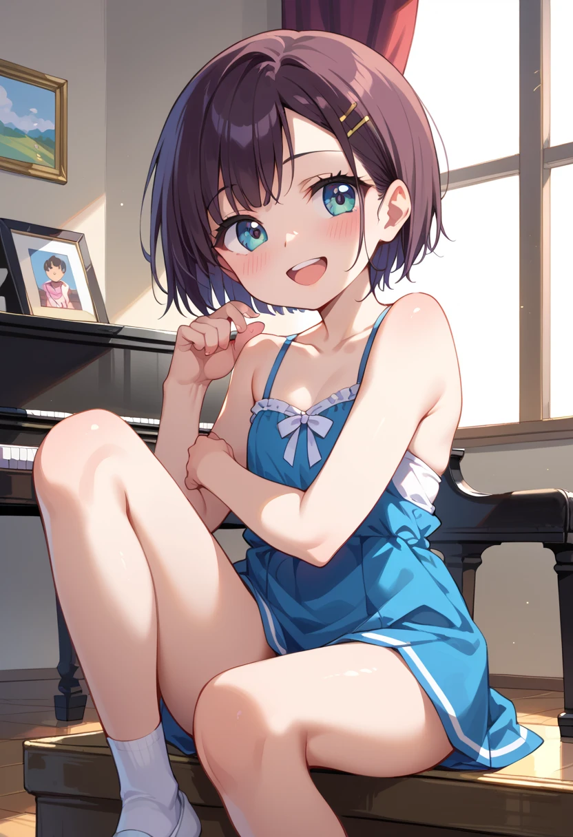 (( top quality )), ((masterpiece)), (be familiar with),  perfect face, indoor, bedroom,  watching viewers ,
One woman, Mikazuki Kan,
 open mouth,  ecstatic expression beside the piano, blush, smile,
 small ,  flat chest, Young girl, Lori,  ,  girl,
Short Hair,  short hair,
Leg spread,