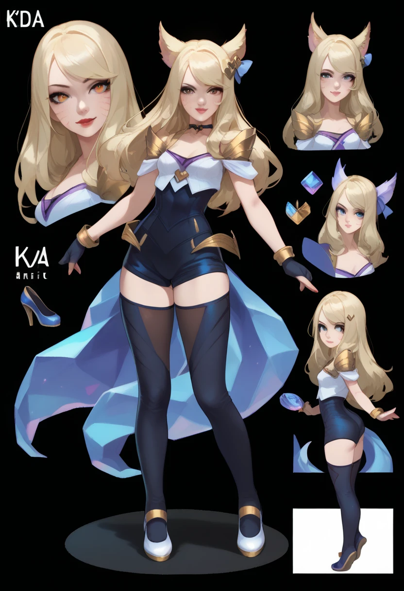 ((full body shot))Ahri KDA / LoL  - ((character design sheet)), masterpiece, best quality, highly detailed, score_9, score_8_up, score_7_up, score_6_up, anime font,BREAK , 2girl, long hair, blue eyes, hair bow, small breasts, bow, looking at viewer, freckles, parted lips, smile, full body, red lips, lips, side front, she looks at you, your gauze hurts, fishnets, white background, neutral cast, dance pose, shoulder pads, leather ballet slipper , gold, gloves

