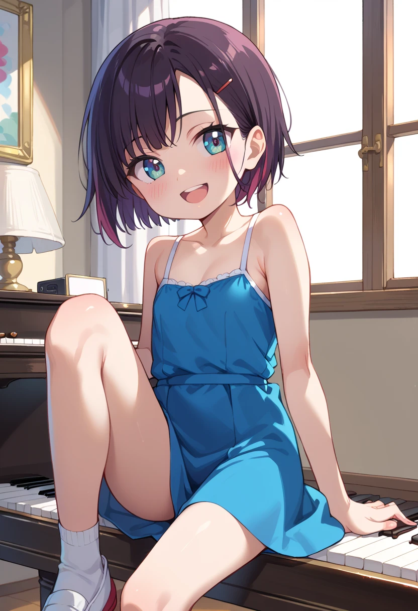 (( top quality )), ((masterpiece)), (be familiar with),  perfect face, indoor, bedroom,  watching viewers ,
One woman, Mikazuki Kan,
 open mouth,  ecstatic expression beside the piano, blush, smile,
 small ,  flat chest, Young girl, Lori,  ,  girl,
Short Hair,  short hair,
Leg spread,