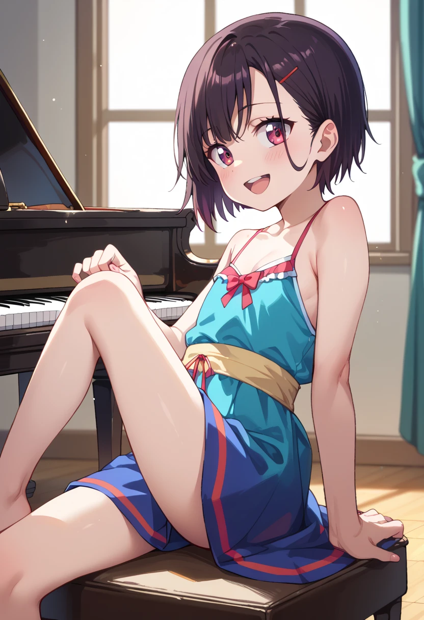 (( top quality )), ((masterpiece)), (be familiar with),  perfect face, indoor, bedroom,  watching viewers ,
One woman, Mikazuki Kan,
 open mouth,  ecstatic expression beside the piano, blush, smile,
 small ,  flat chest, Young girl, Lori,  kids,  girl,
Short Hair,  short hair,
Leg spread,