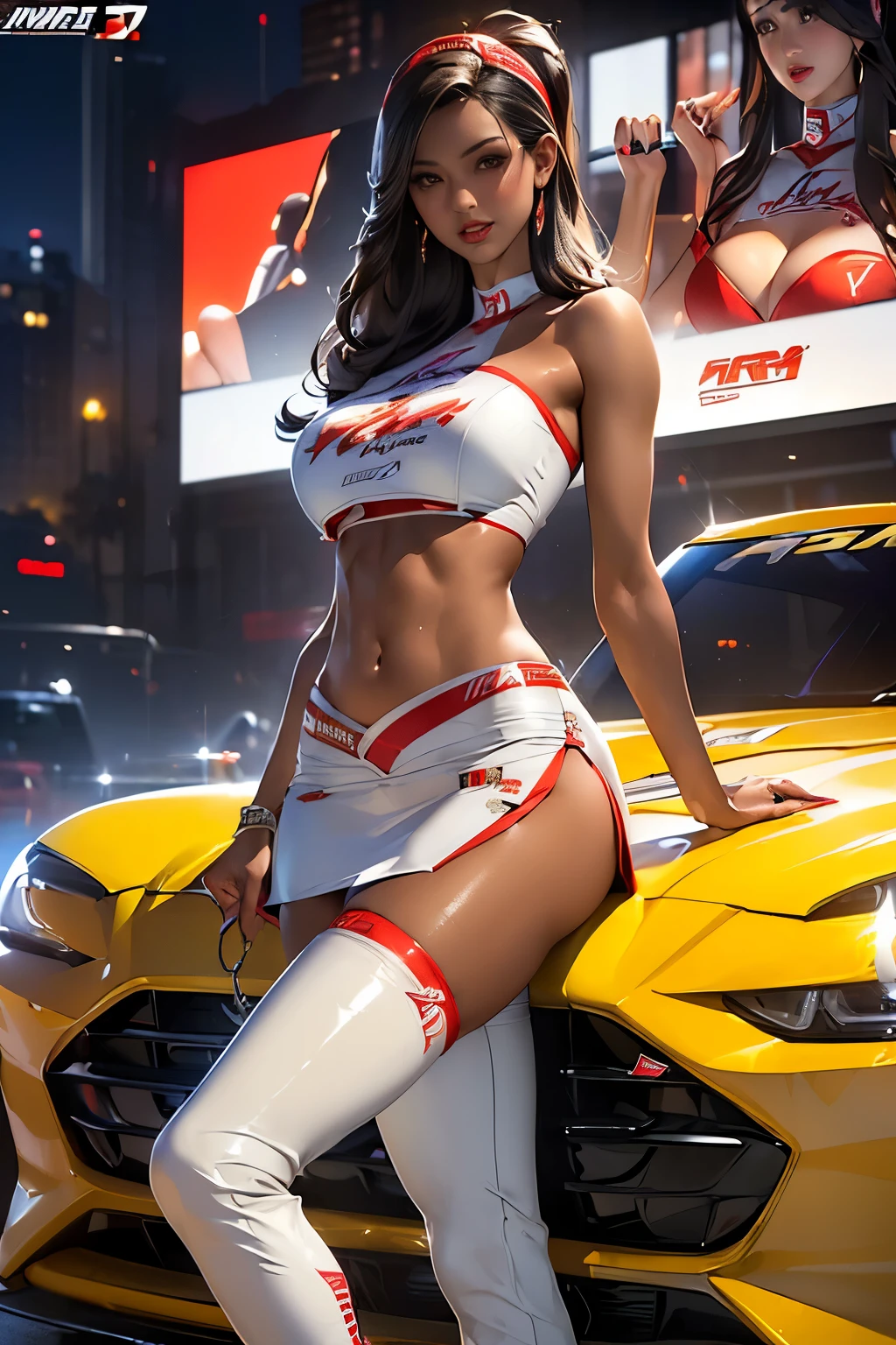 Realistic Rendering with Unreal Engine 5, Random Pause, Race Queen, Uniform with sponsor logo Red uniform, Earrings, Exquisite beauty、Beautiful Face, Tall and slender model, Huge , Oil, (length, Thin legs：1.5), (((One-shoulder mesh metallic girls outfit with sponsor logo))),(((Dynamic pose))), (((Abdominal Peek))), (((Show under the chest ))), (((Yellow and white miniskirt lift with sponsor logo))), (Race Queen thigh-high boots with sponsor logo:1.4), Spread your legs, (Thigh-length Race Queen boots:1.4), Spread your legs, wet and shiny body, Colorful Hair, (((Brown skin beauty))), (standing:1.8), line, (masterpiece, most high quality:1.3), (Surreal:1.35), (Realistic:1.45), (Skin with attention to detail), high quality, Browsing Caution, Japanese Girls, 24-years-old, Expressive eyes, Perfect Face, (fix makeup), (lipstick:1.1) (eyeliner:1.1), mascara, eye shadow, (Black Hair), break slender, Large Breasts, (Nipples:1.0), (perfect Nipples:1.0), (Dark Skin:1.4), (Oiled and shiny body:1.3), Spread your legs, (Thigh-length Race Queen boots:1.4）