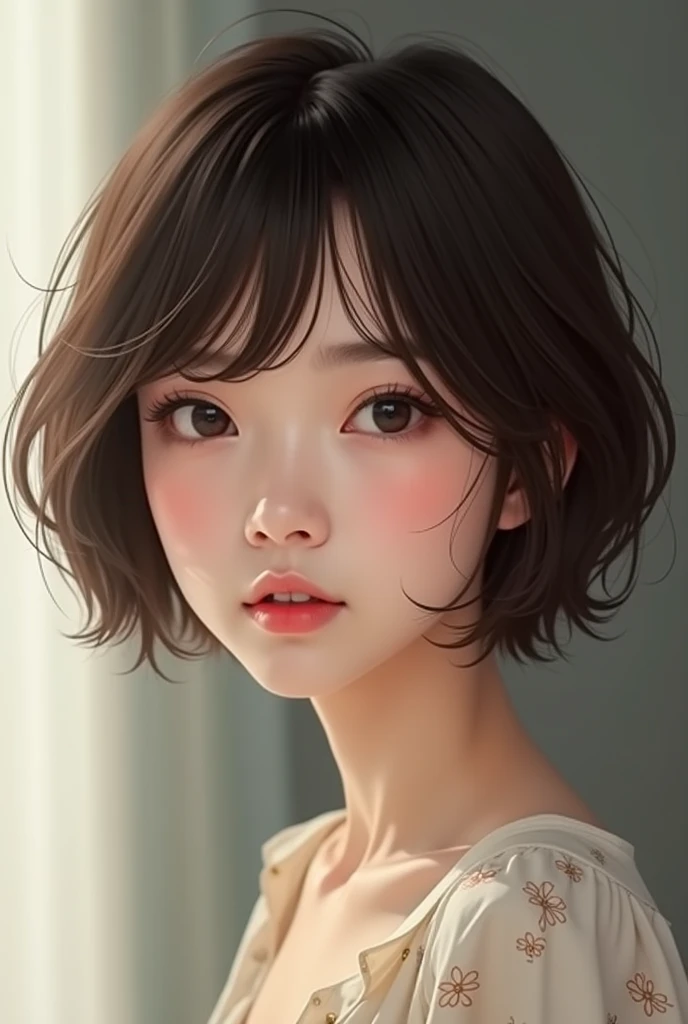 "Create an intimate close-up portrait of a young East Asian woman with a contemplative expression. Her hair is styled in a casual, shoulder-length bob with natural waves. She has large, expressive brown eyes, and her makeup is subtle, enhancing her natural beauty. She is wearing a black, strapless top with a delicate, textured pattern, slightly visible in the frame. The focus is on her face, capturing the soft, natural lighting that highlights her features against a neutral background. This portrait emphasizes simplicity and elegance."