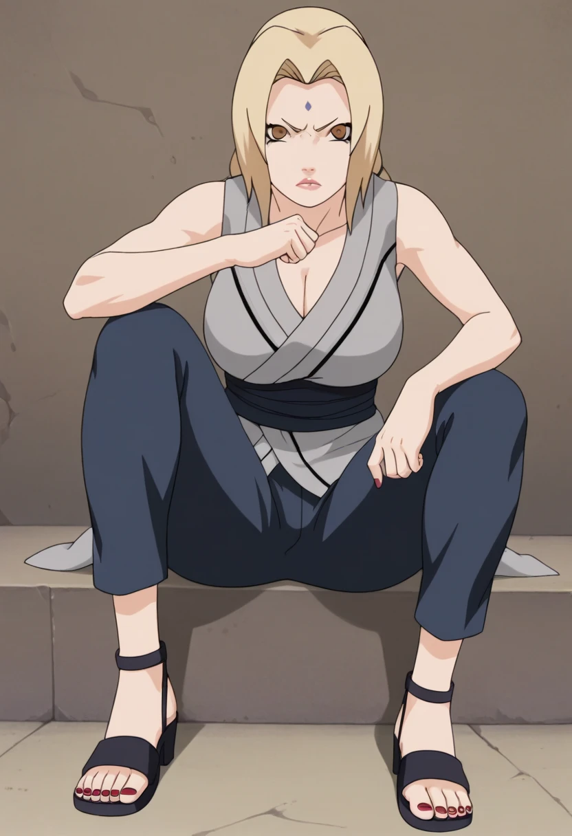 score_9, score_8_ up, score_7_ up,
ツ,  1 girl, Tsunade  (Naruto), ( watching viewers ), Blonde,  Roth Tails, Mark on the forehead,  brown eyes,  Big Breasts , Grey kimono,  sleeveless kimono,  blue pants ,  Sandals,  clevis on a stone, Red nails, 
 Is chest  ,  crooked one leg , 
Serious, Open lips, under your bust , Clenched hands, 
 simple background,  perfect lighting,
