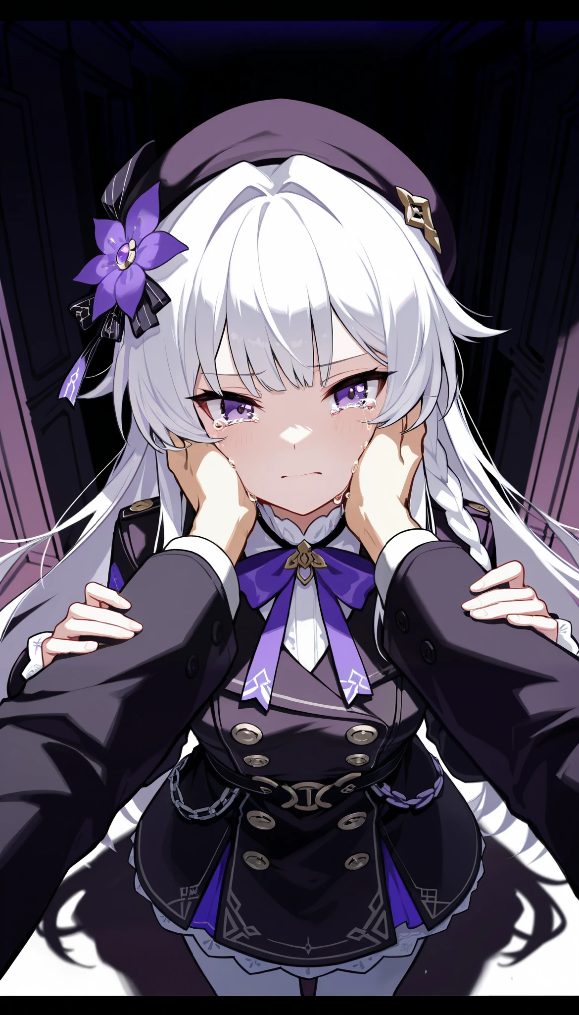 Anime girl with white hair and purple bow posing for a picture - SeaArt AI
