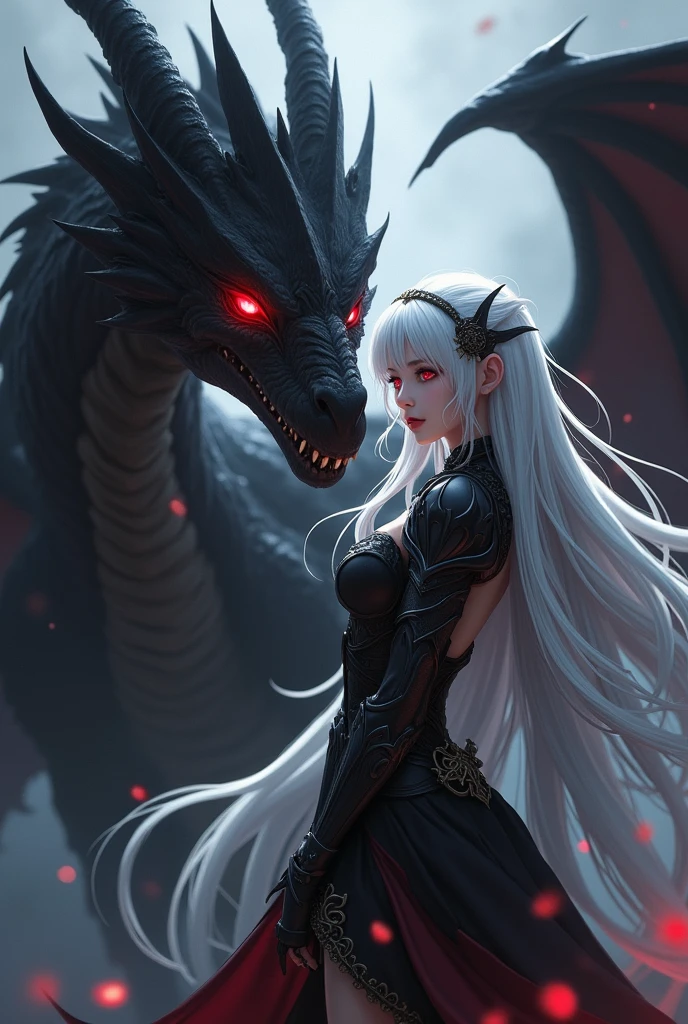 Dark environment and that it is like anime and that it has beautiful designs and an adult girl looking straight ahead with a dragon clothing with a crown on top with 8k or HD designs that is anime and that it has a straight face and blue eyes and everything that it has an 8k anime dragon design that does not show the dragon, only the girl and that she is facing the front looking