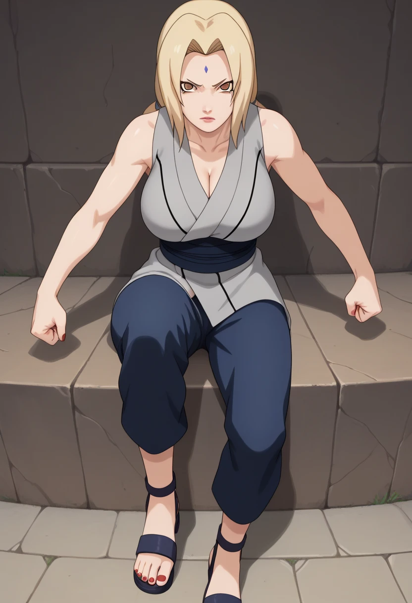 score_9, score_8_ up, score_7_ up,
ツ,  1 girl, Tsunade  (Naruto), ( watching viewers ), Blonde,  Roth Tails, Mark on the forehead,  brown eyes,  Big Breasts , Grey kimono,  sleeveless kimono,  blue pants ,  Sandals,  clevis on a stone, Red nails, 
 Is chest  ,  crooked one leg , 
Serious, Open lips, under your bust , Clenched hands, 
 simple background,  perfect lighting,
