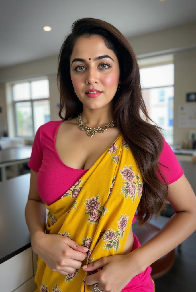 Hot and sexy woman, gigantic breasts, cleavage, wore stylish and design hot and sexy yellow and pink colour saree (printed Design), standing in laboratory (afternoon time), standing & model pose, beautiful body, masterpiece, ultra realistic,detailed, 16 k , Film type light, potrait photography,camera angle front, looking at viewer,(cinematic:1.3), intricate details, (ArtStation:1.2)