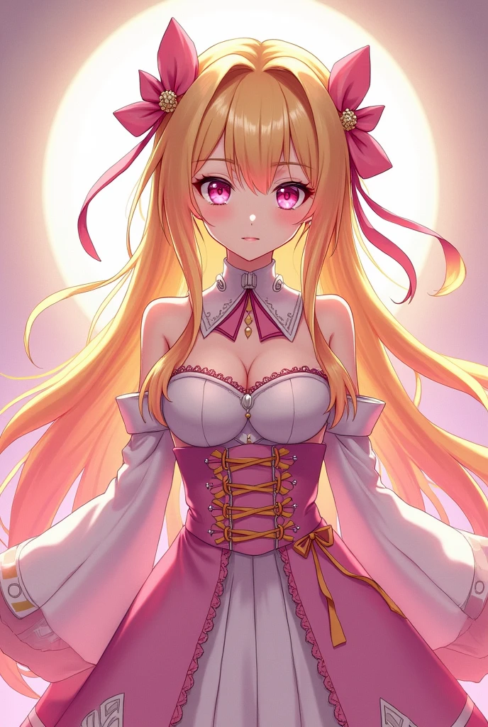 A slim blonde teenage girl with twintails and bell collar in a pink dress standing in an flower garden. She wears thigh high boots. She has a deep cleavage.