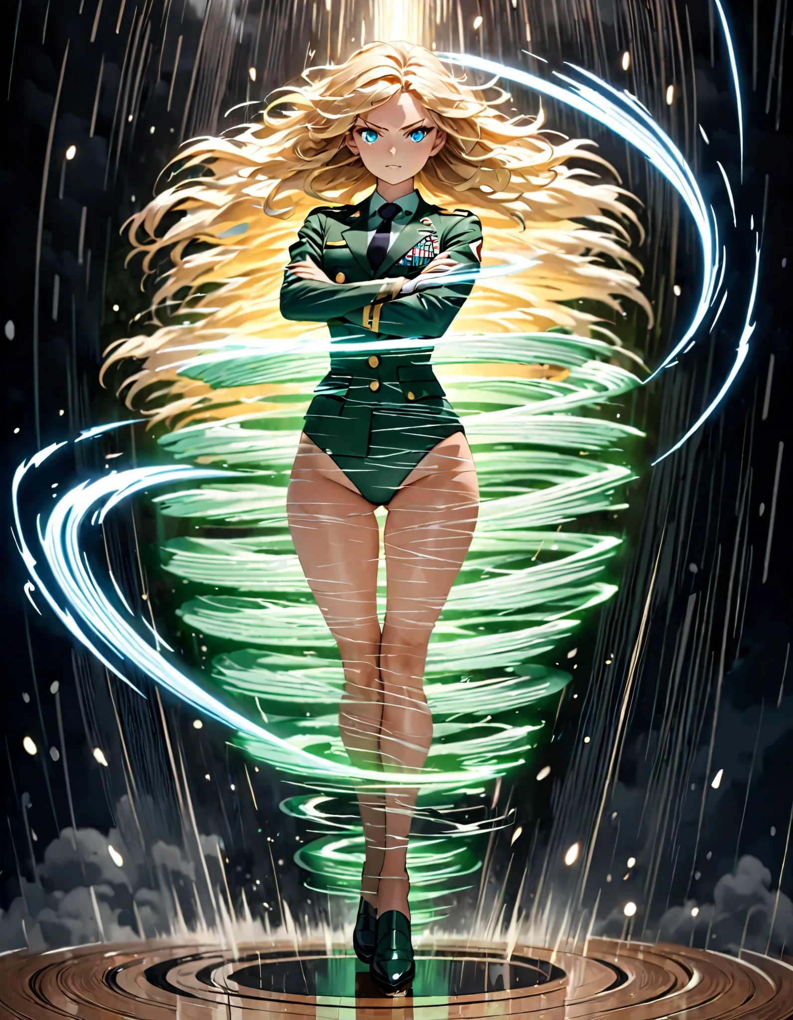 Create an image of a girl, wearing a sleeveless leotard, bare legs, medium breasts, and (matching gloves and boots). she is a (blonde with bangs, and green eyes), wearing a (vibrant green leotard) with a (taurus\(astrological sign\) (symbol) on her chest). she is standing with legs apart and raised arms, each surrounded by a glowing aura. outer space backdrop, cowboy shot, serious. masterpiece, best quality, hires. diffraction spikes, light particles.