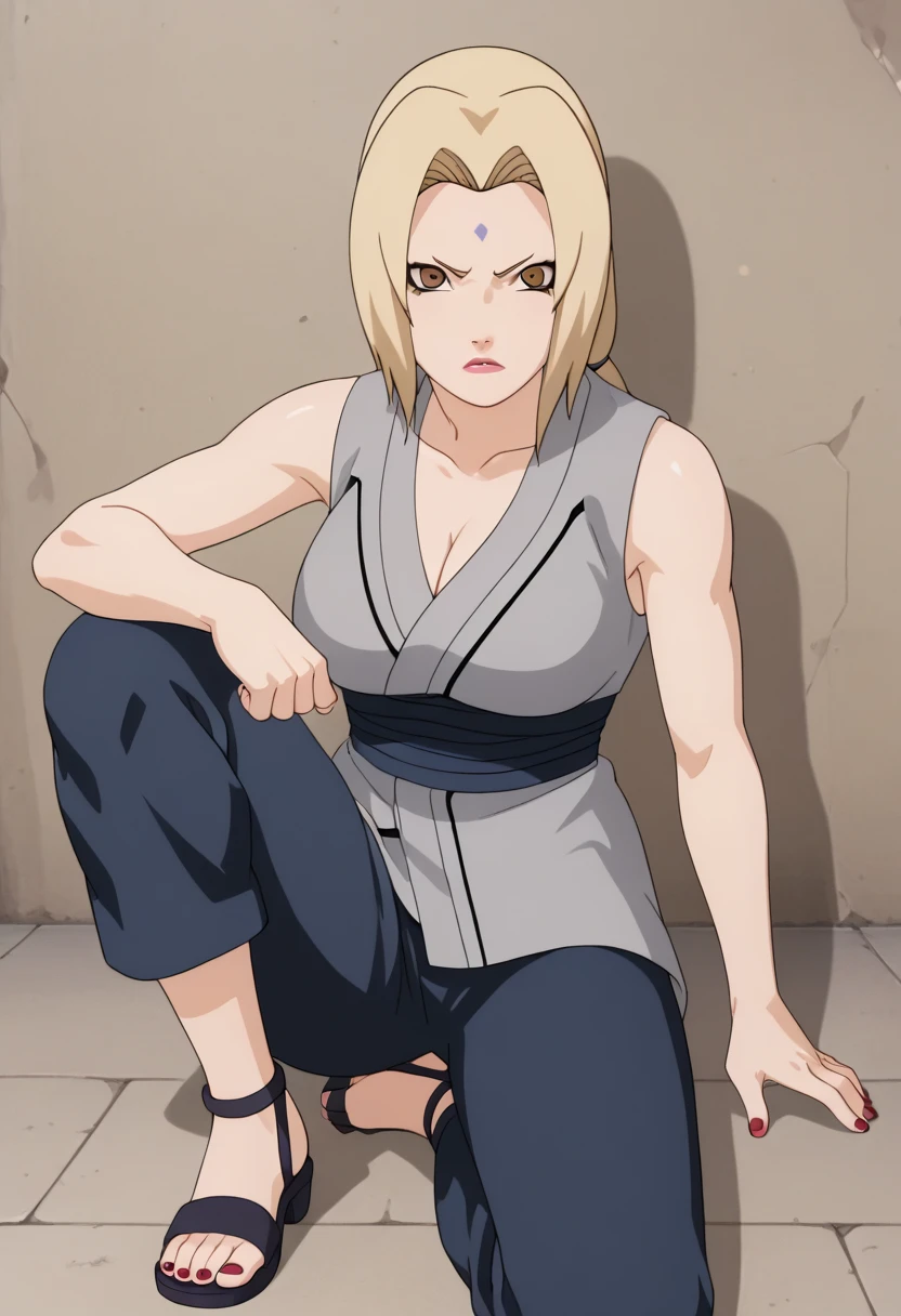 score_9, score_8_ up, score_7_ up,
ツ,  1 girl, Tsunade  (Naruto), ( watching viewers ), Blonde,  Roth Tails, Mark on the forehead,  brown eyes,  Big Breasts , Grey kimono,  sleeveless kimono,  blue pants ,  Sandals,  clevis on a stone, Red nails, 
 Is chest  ,  crooked one leg , 
Serious, Open lips, under your bust , Clenched hands, 
 simple background,  perfect lighting,
