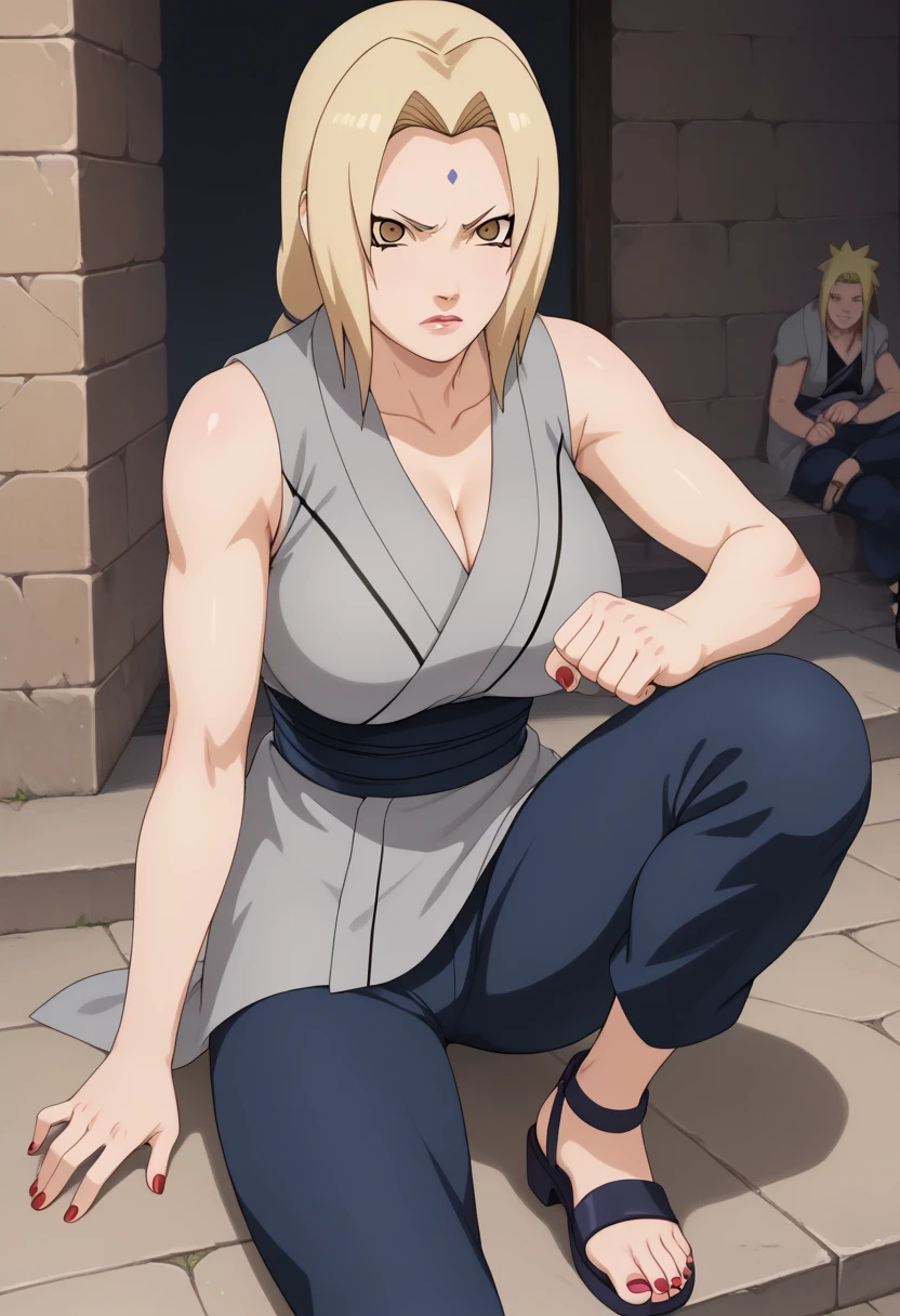 score_9, score_8_ up, score_7_ up,
ツ,  1 girl, Tsunade  (Naruto), ( watching viewers ), Blonde,  Roth Tails, Mark on the forehead,  brown eyes,  Big Breasts , Grey kimono,  sleeveless kimono,  blue pants ,  Sandals,  clevis on a stone, Red nails, 
 Is chest  ,  crooked one leg , 
Serious, Open lips, under your bust , Clenched hands, 
 simple background,  perfect lighting,
