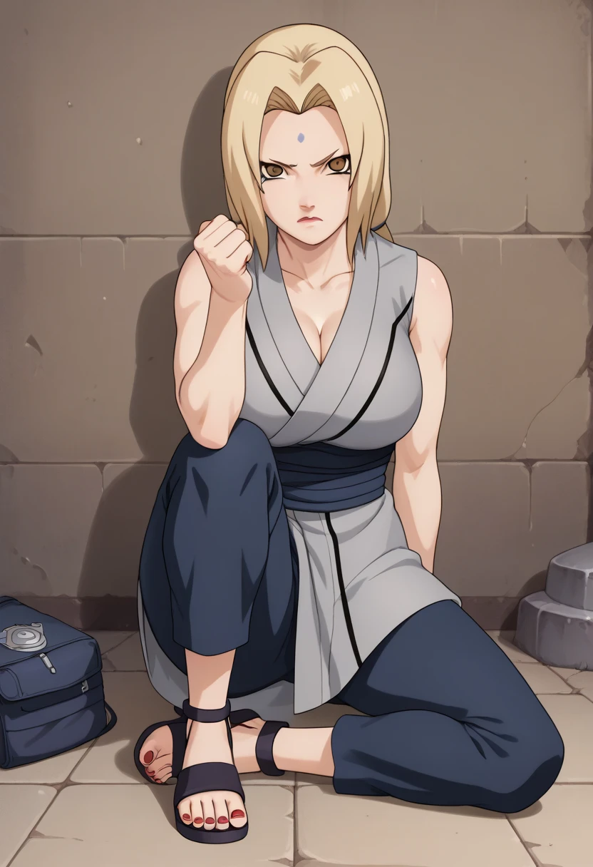 score_9, score_8_ up, score_7_ up,
ツ,  1 girl, Tsunade  (Naruto), ( watching viewers ), Blonde,  Roth Tails, Mark on the forehead,  brown eyes,  Big Breasts , Grey kimono,  sleeveless kimono,  blue pants ,  Sandals,  clevis on a stone, Red nails, 
 Is chest  ,  crooked one leg , 
Serious, Open lips, under your bust , Clenched hands, 
 simple background,  perfect lighting,
