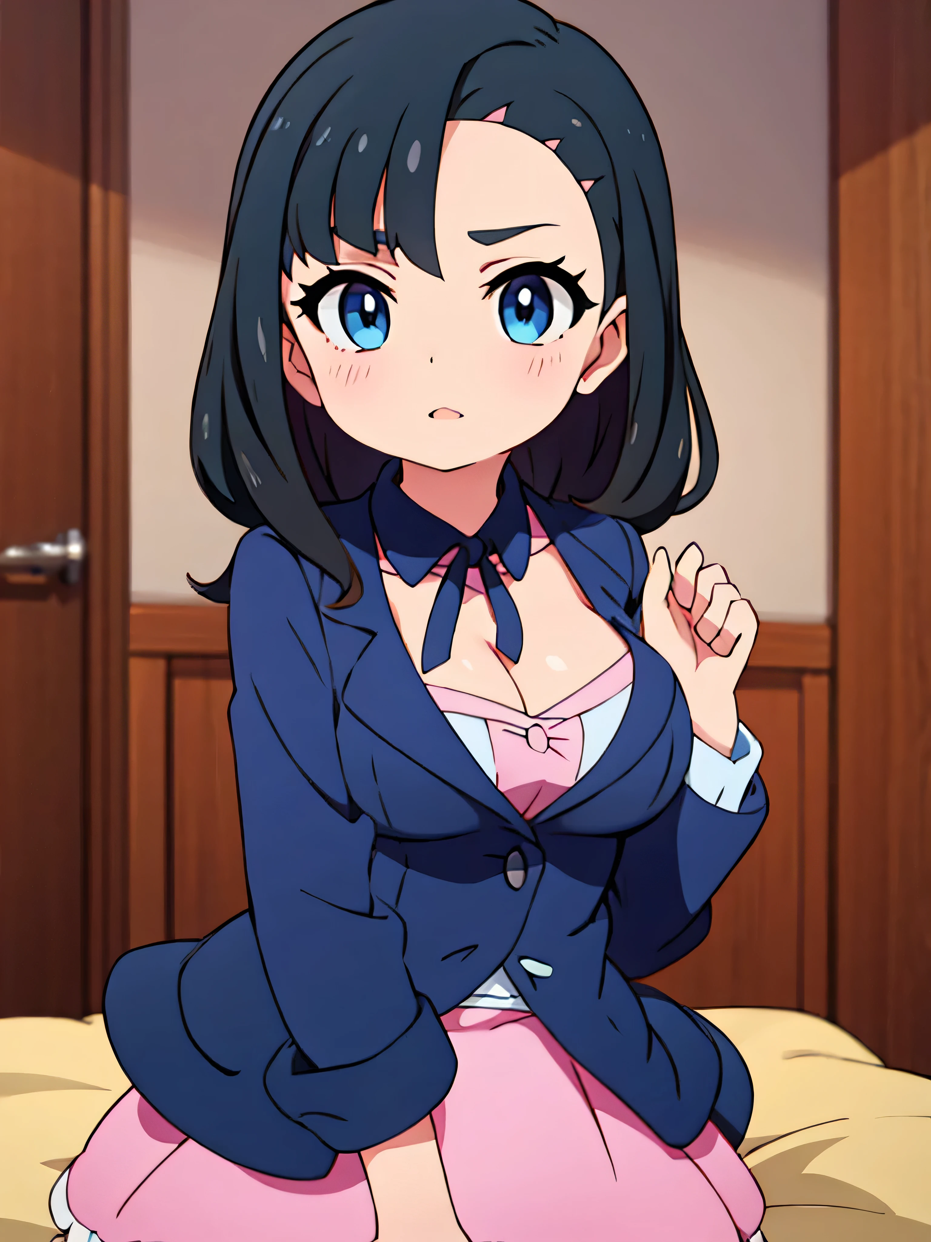 Marnie (pokemon), 10year old, big lips, thick lips, small boobs, dark blue eyes, black jacket, cleavage,