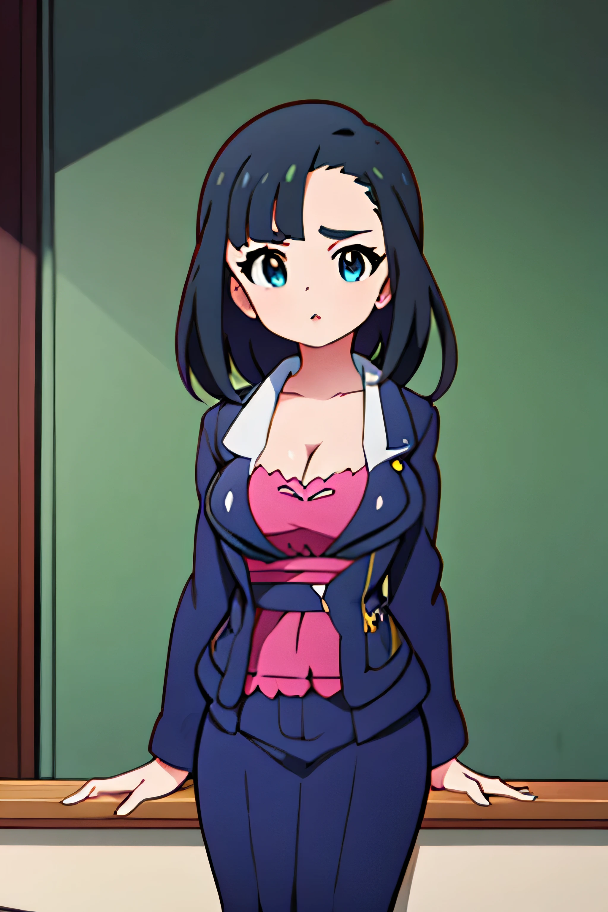 Marnie (pokemon), 10year old, (big lips), thick lips, small boobs, dark blue eyes, black jacket, (cleavage),