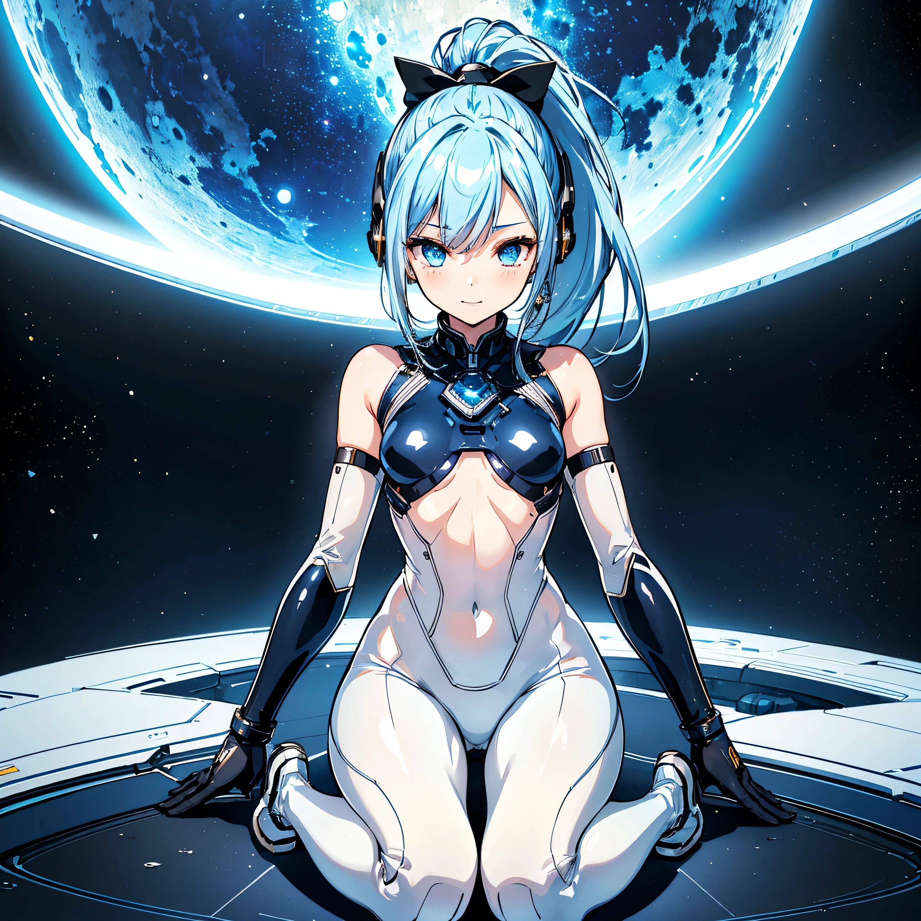 Slender beautiful girl、(White and blue futuristic space station wall background):1.2、Tight-fitting bodysuits of the near future、hight resolution、top-quality、The ultra-detailliert、Fine details、Does not blush cheeks、knee high、Undersized breasts、short hair of golden color、head phone
