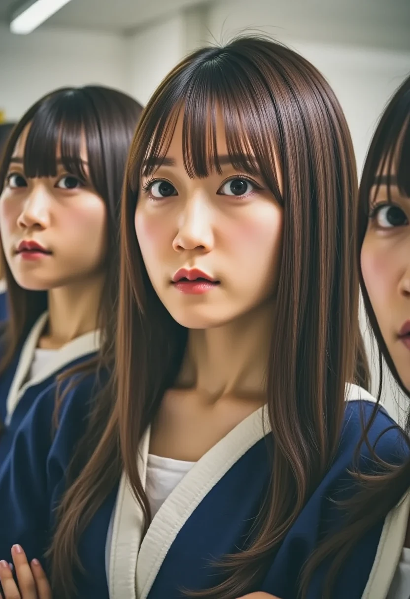 (8k,  photorealistic ,  RAW photo,  highest image quality taken by Ki: 1.4),  Japanese high school girls、 short bob、 super detailed face、Attention to detail、 double eyelids in judo uniforms、 sharp concentration:1.2、 beautiful women:1.4、 light brown hair、 top quality 、masterpiece、 super high res、( photorealistic :1.4)、Highly detailed and professionally lit smiles、 school uniform、、 open your mouth slightly、Teary-eyed