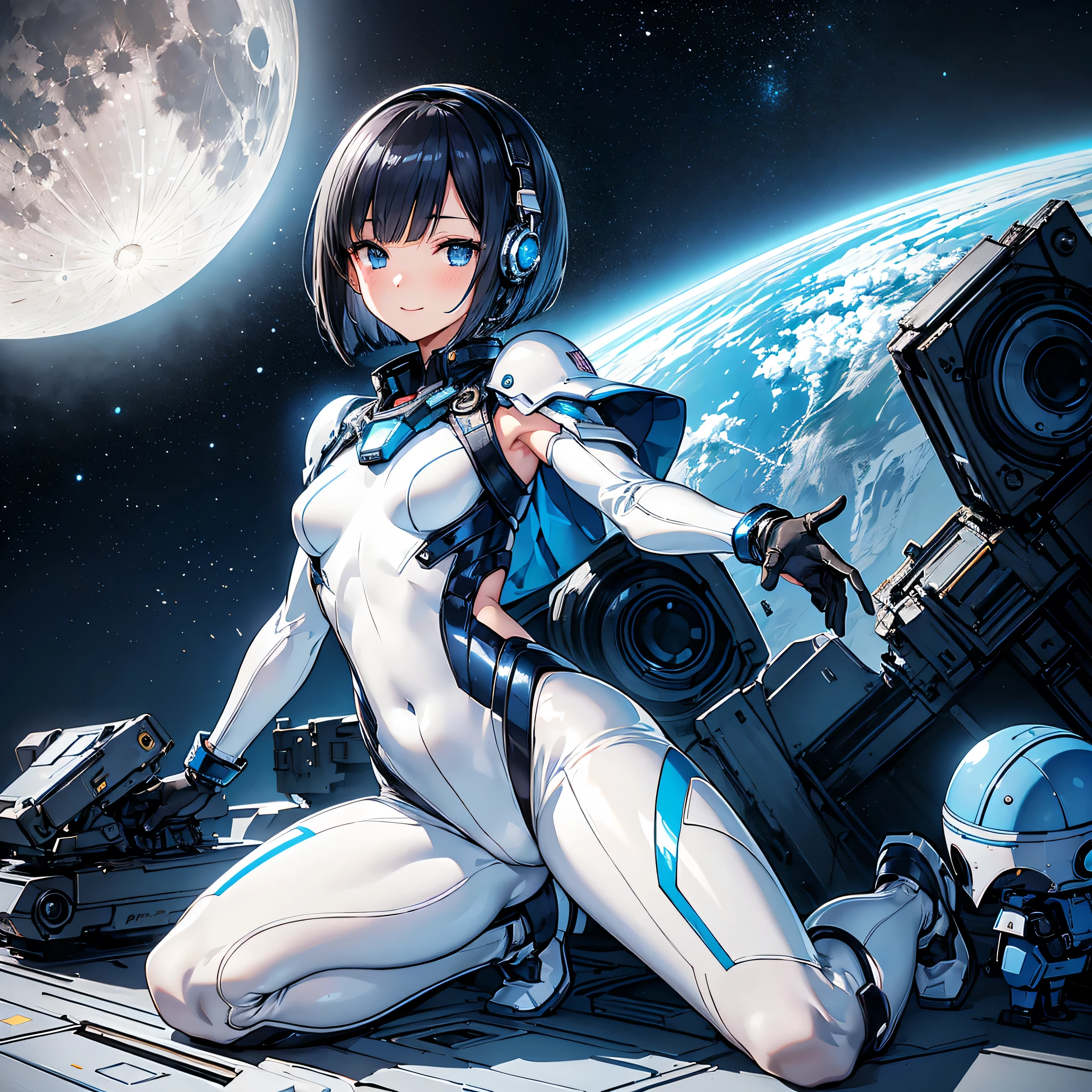 (masterpiece、 top quality 、 highest resolution、 clear_image、 Detailed Details): (Whole body、A 20 year old girl、Japanese Faces、 small face、 slender、 dark blue super short bob cut hair、(Hidden small breasts:1.3)、Sparkling blue eyes 、 white, blue, and black shiny pilot suit、Chest protection armor、Tight fitting clothes、Clothing that covers the whole body、Glamorous clothes、 tight fit pants 、Hide your skin、 very delicate and beautiful、Detailed Skin、Hide your thighs、Hide your ass、 cute、A gentle smile、Soft expression、heroine、 headset、 long boots、Elbow-length gloves、 eye level shot、Peace talks between warring factions,attention arousal, Clever Blue Eyes,Face directly、 woman on a spaceship )、 background、Moon in the background、shiny pilot suit in white, blue and black colors with galaxy clouds on the background