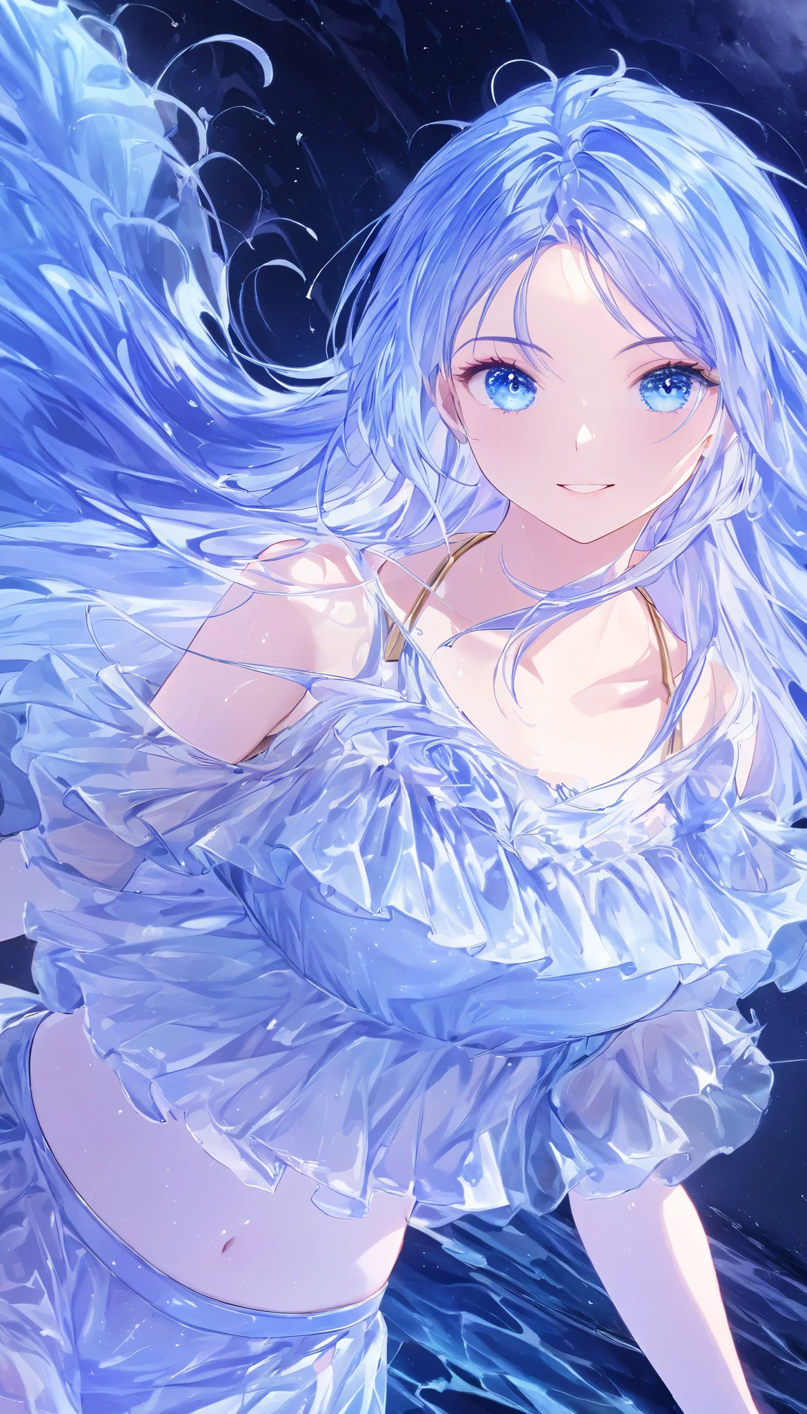 ((High resolution, accurate, Best Quality, masterpiece, Unity 8k wallpaper)), 1girl, (full body), gorgeous face, mysterious colored hair, perfect hair, perfect eye detail, happy expression, lips, smiling, shiny glossy gold bikini, bikini detail, ((shiny glossy clothes)), medium breasts, background scenery, river, dark night, night light, moon, cloud, clear blue water, baby blue water floor, ultra detailed water, environment details, plants on the sides, waterfall in the background, waterfall details, almost transparent water,