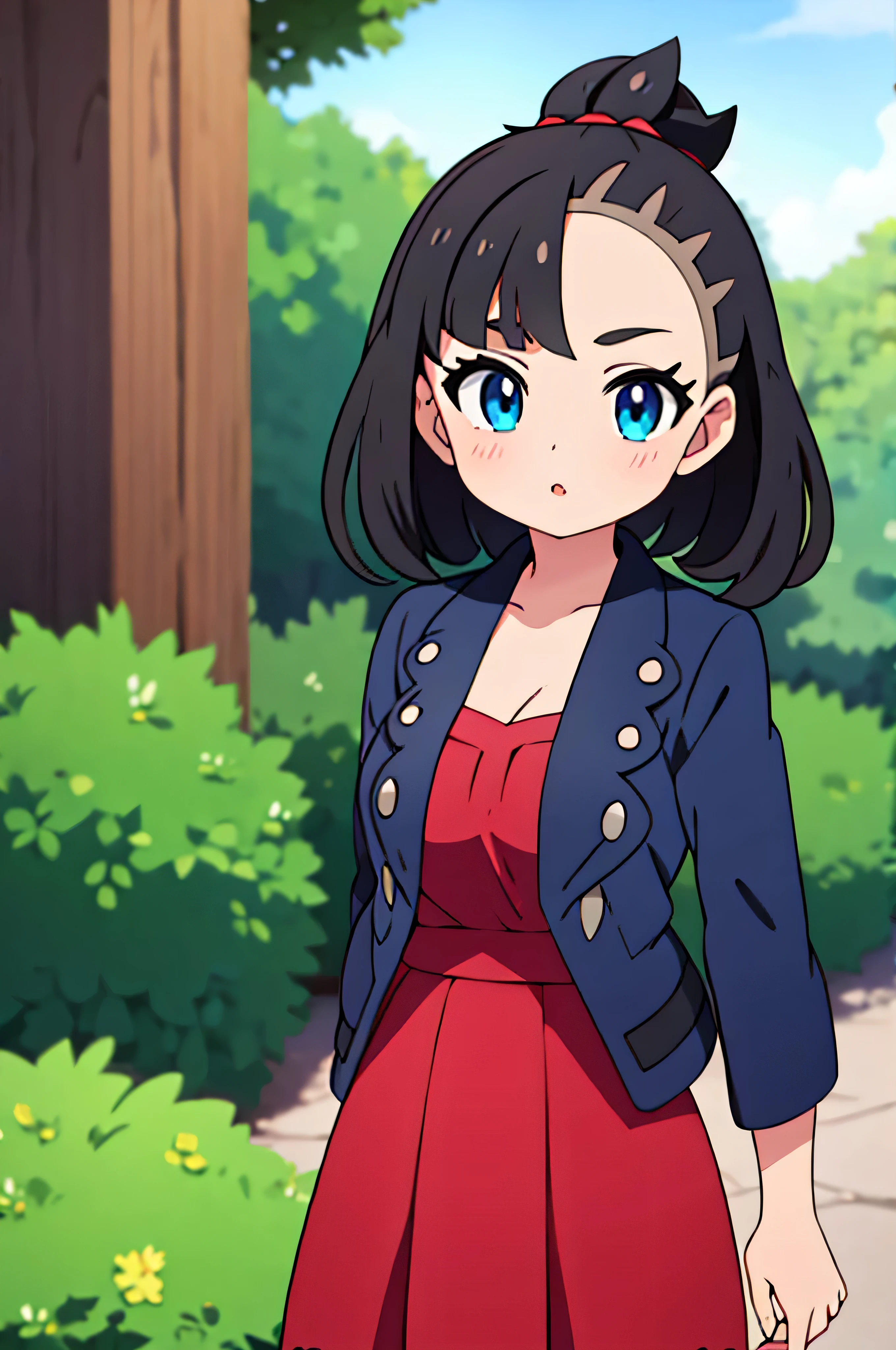 (Marnie (pokemon)), (big lips), thick lips, small boobs, dark blue eyes, brown jacket, (cleavage), short hair, black hair