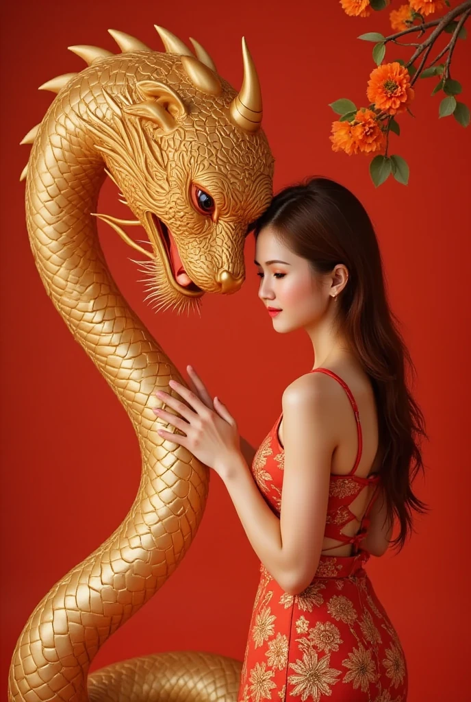 Tet Vietnamese, Lisamy, Lisamy bow your head and thank you, the head of the lion, red background have a golden snake