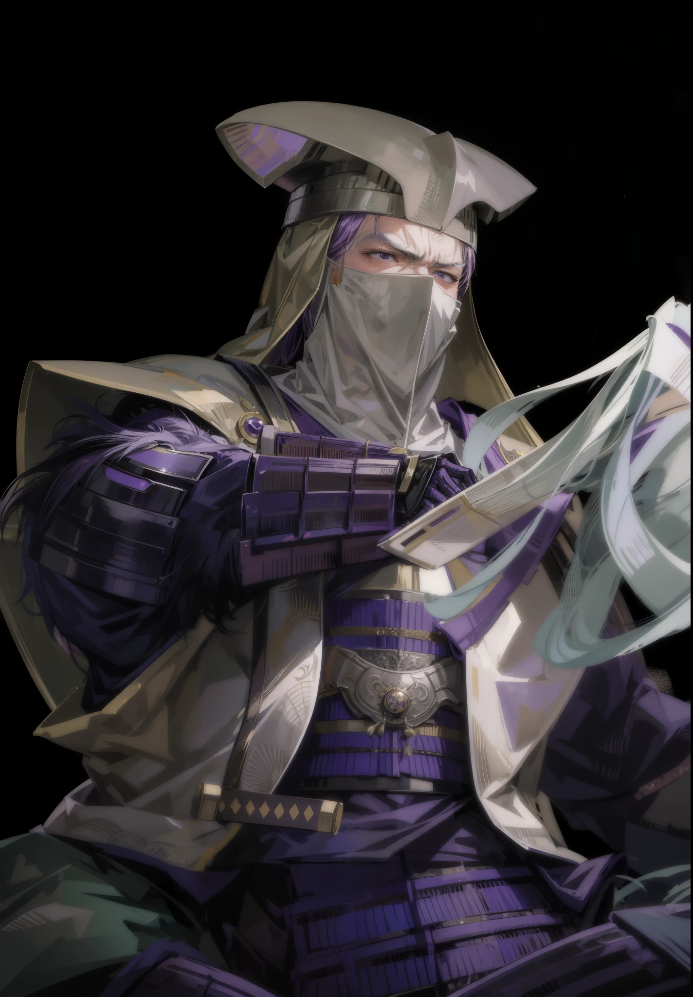 anime, best quality, extremely detailed, masterpiece, ultra high res, old man,  samurai, serious, armor, (purple cloak:1.2), 50 years old